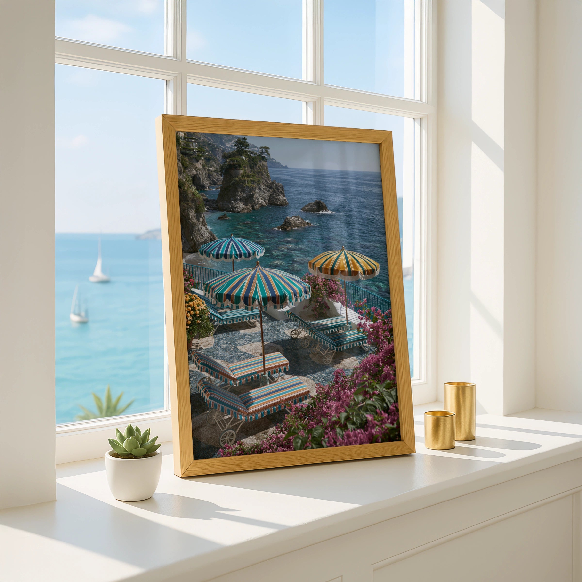 Amalfi Coast Italy Beach Umbrellas Poster, Colourful Striped Coastal Wall Art