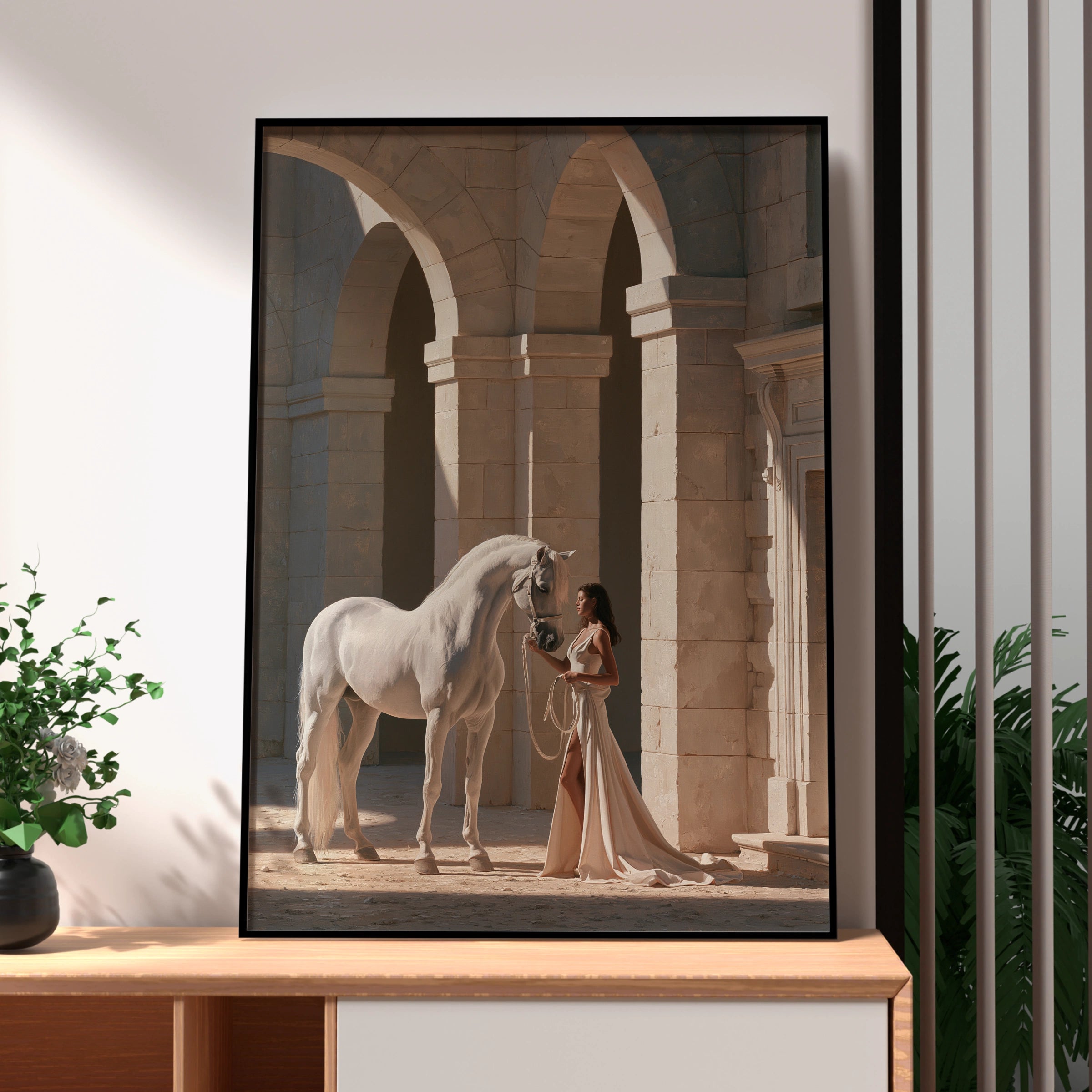 White Horse Woman Arches Poster, Elegant Stone Colonnade Wall Art Print