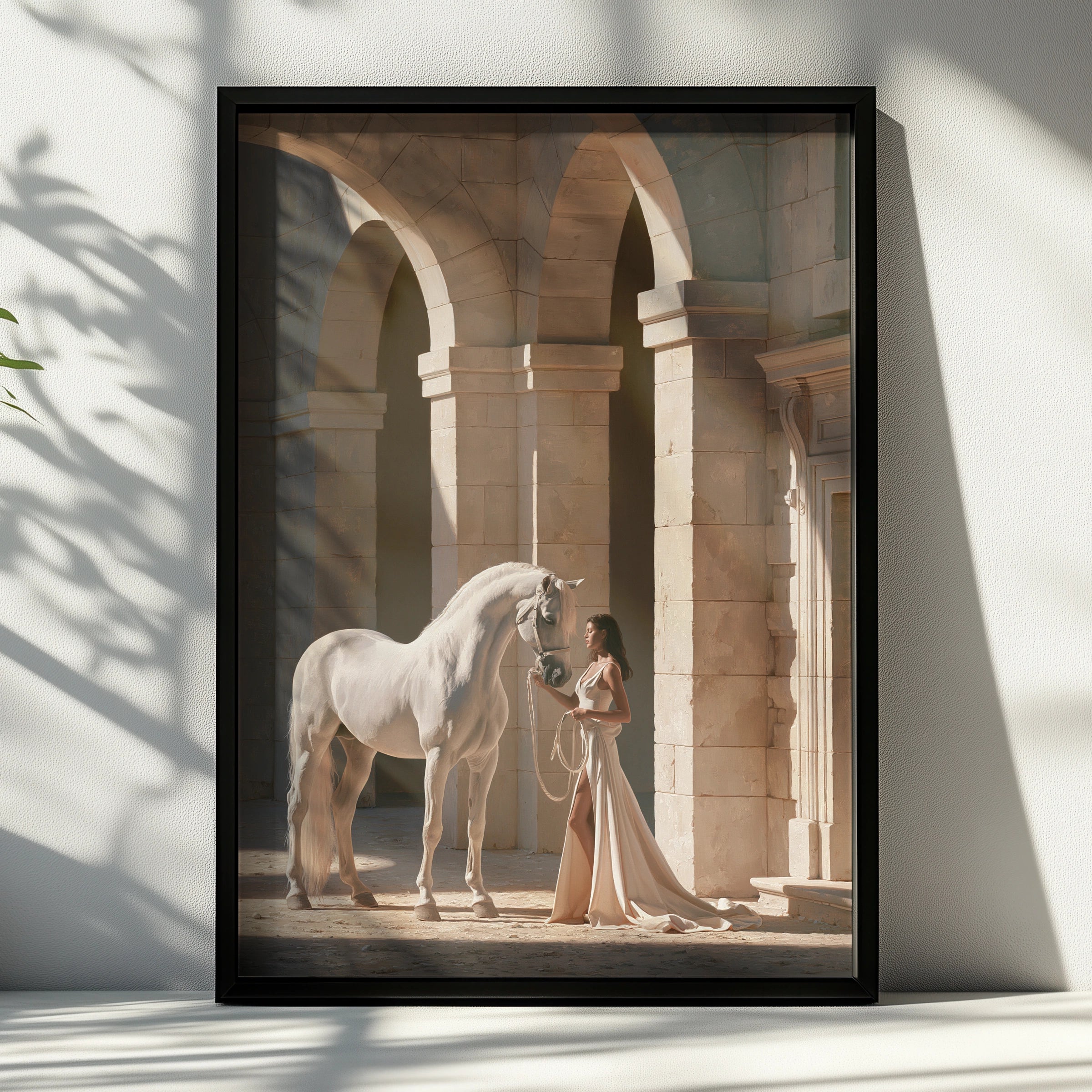 White Horse Woman Arches Poster, Elegant Stone Colonnade Wall Art Print