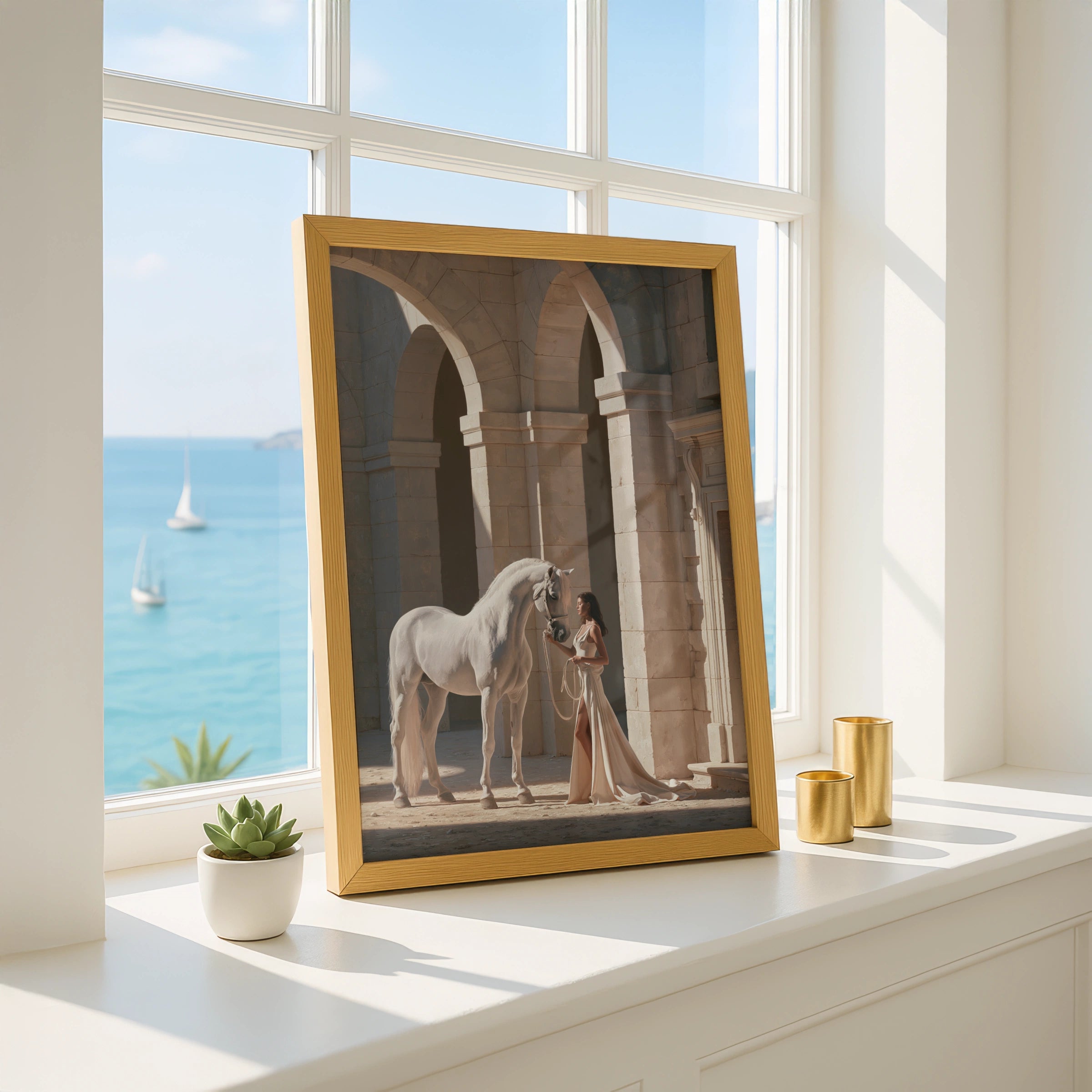 White Horse Woman Arches Poster, Elegant Stone Colonnade Wall Art Print