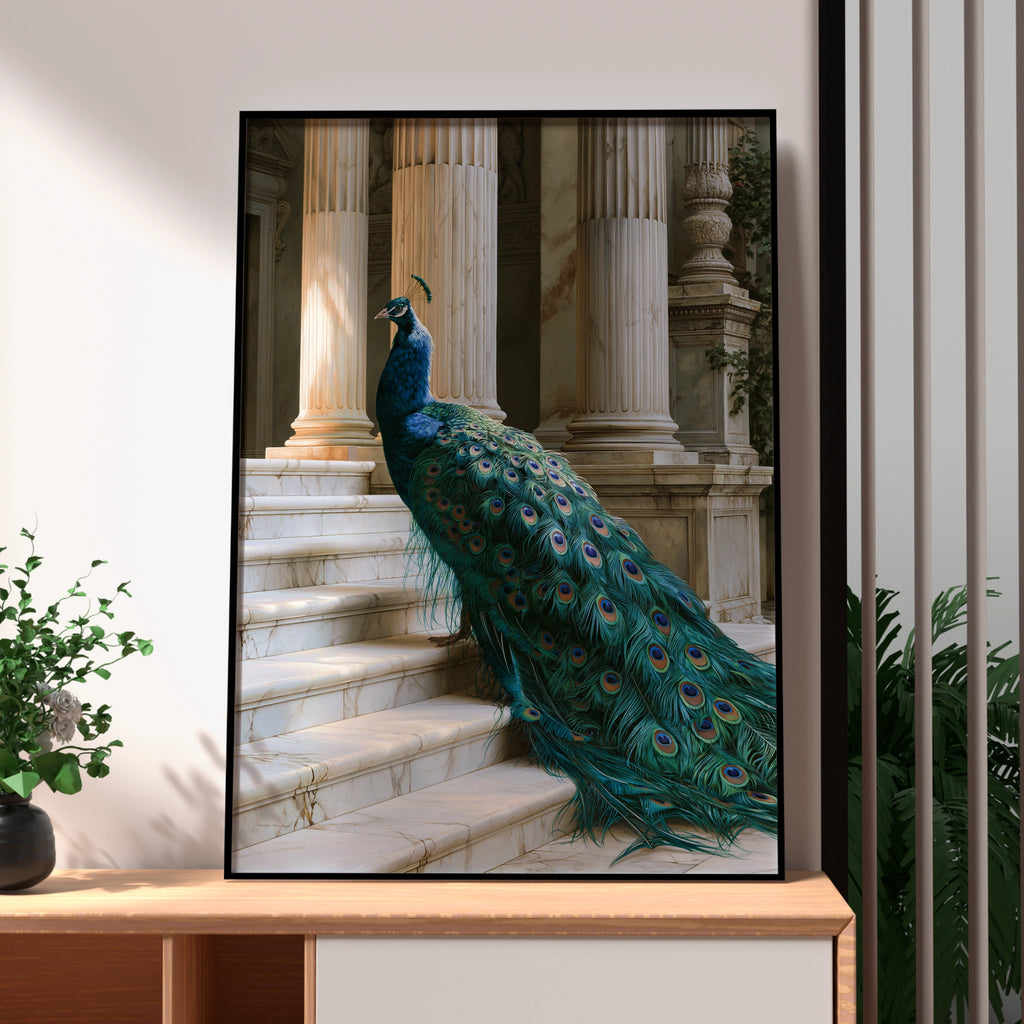 Peacock on Marble Stairs Poster, Classical Columns, Teal Feathers Art Print