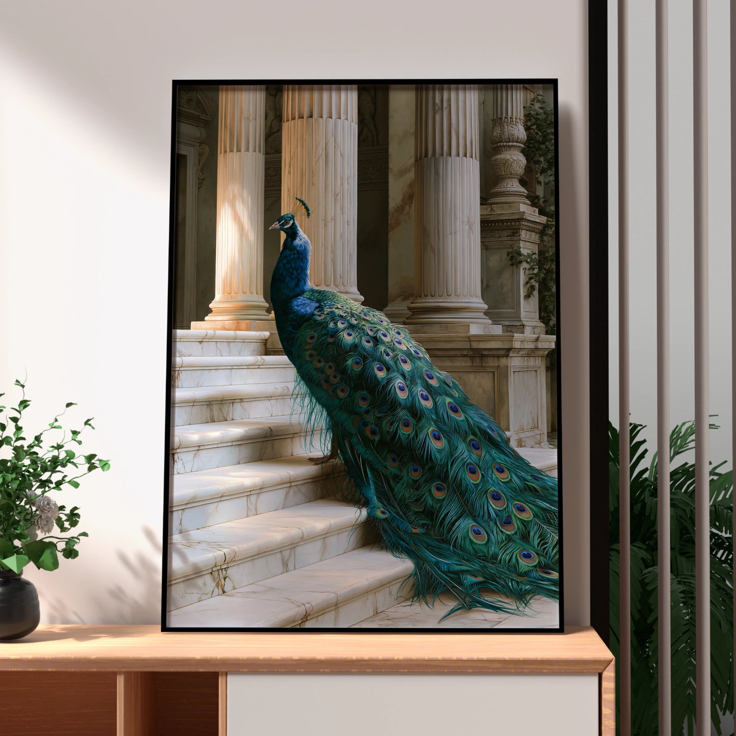 Peacock on Marble Stairs Poster, Classical Columns, Teal Feathers Art Print