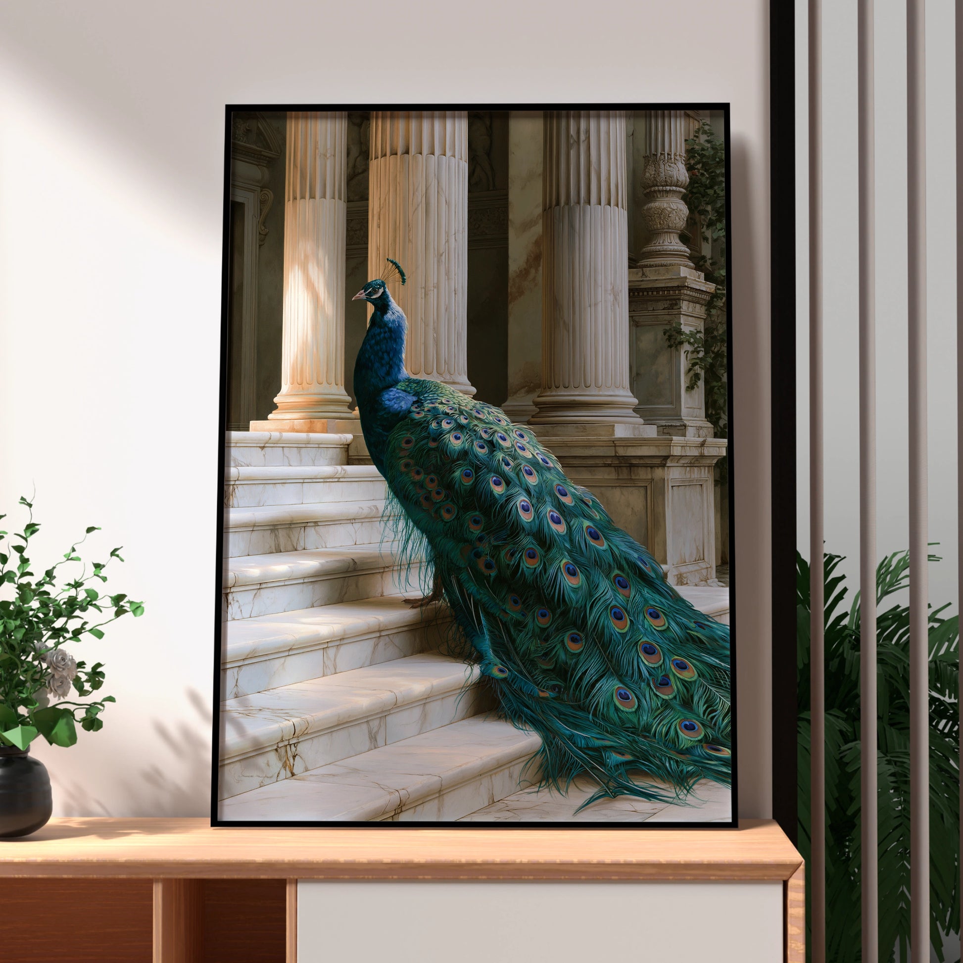 Peacock on Marble Stairs Poster, Classical Columns, Teal Feathers Art Print