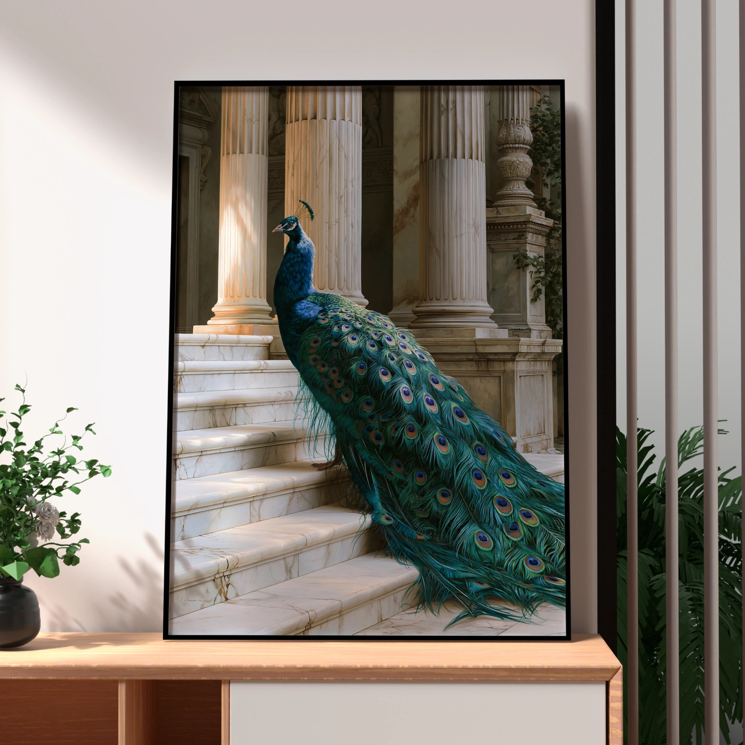 Peacock on Marble Stairs Poster, Classical Columns, Teal Feathers Art Print