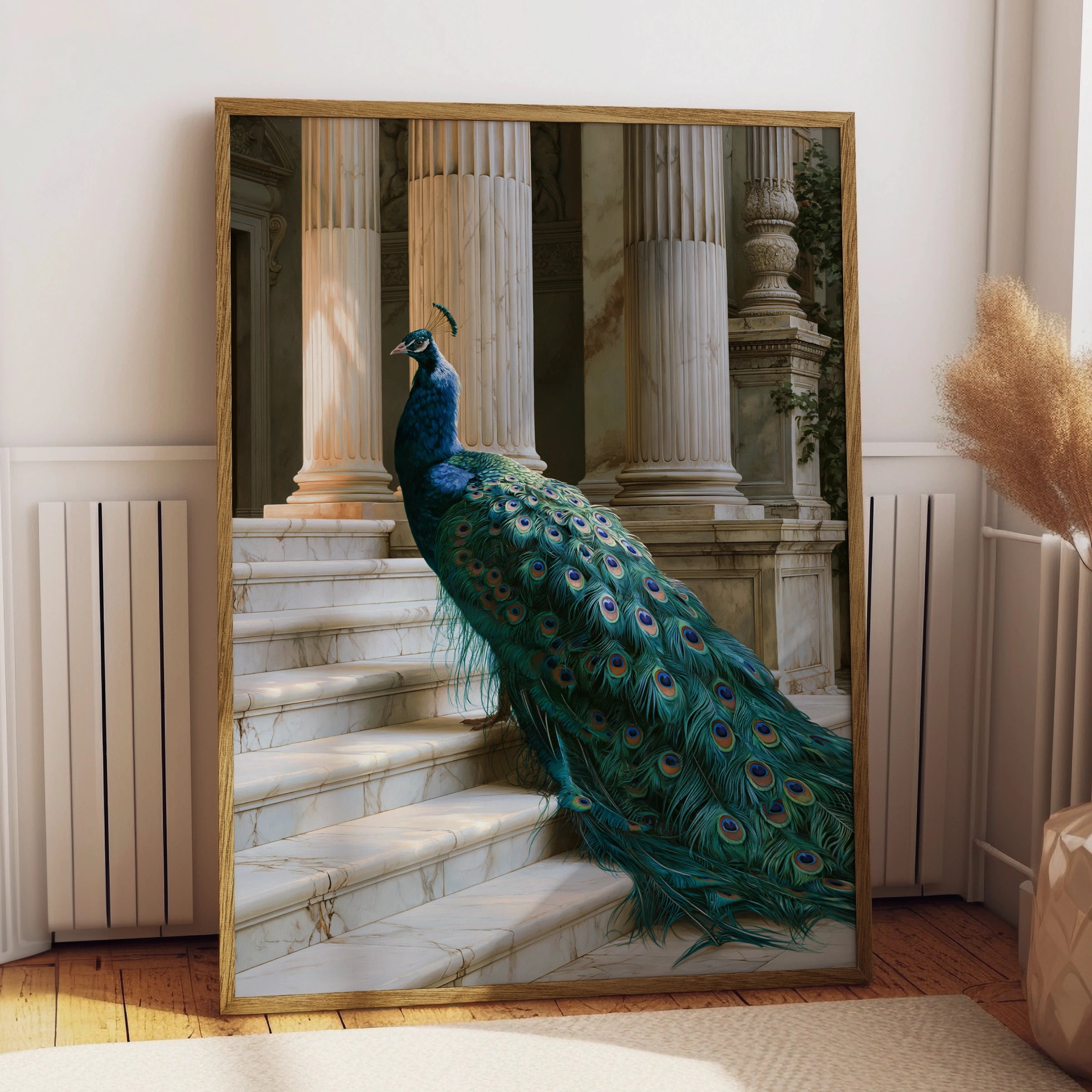 Peacock on Marble Stairs Poster, Classical Columns, Teal Feathers Art Print