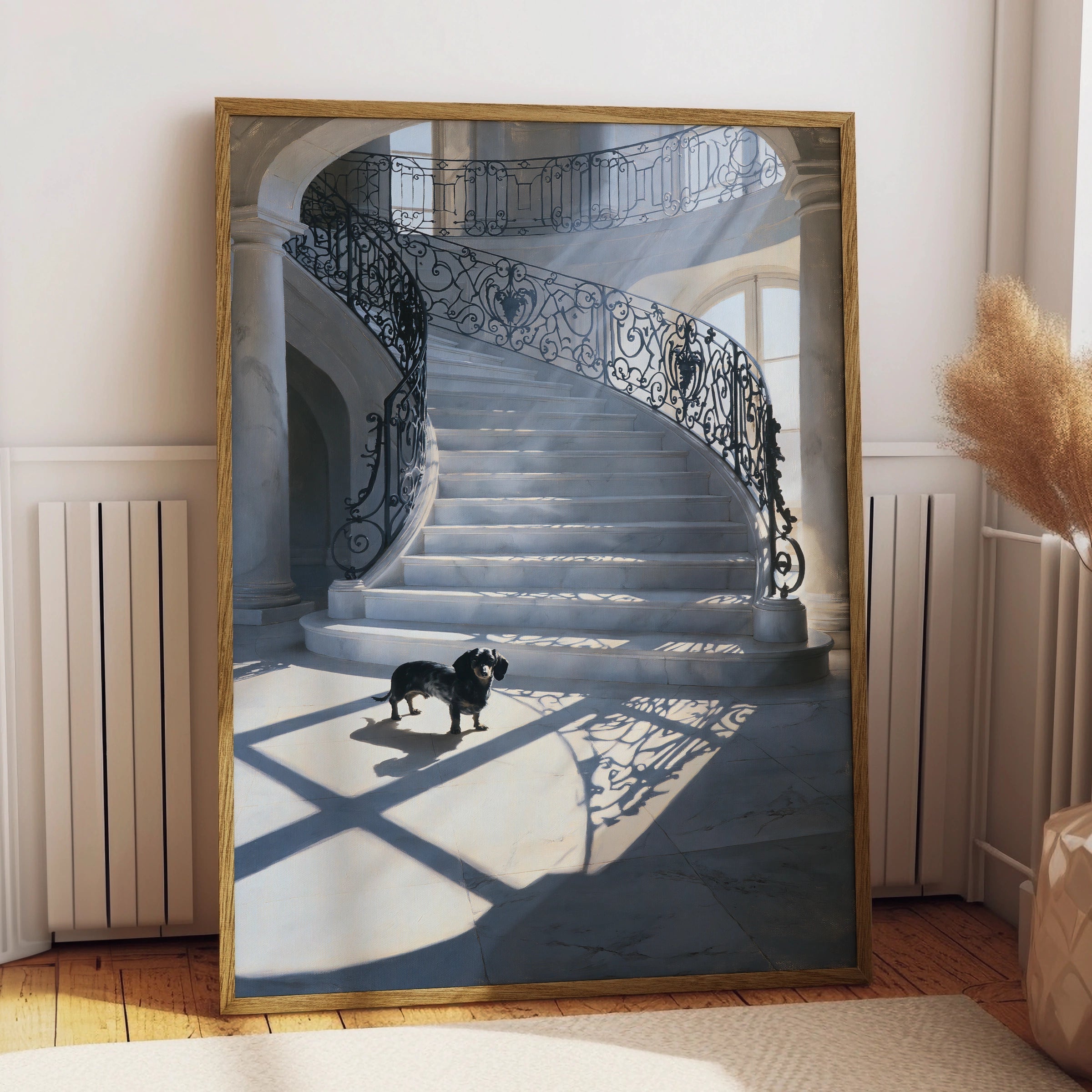 Dachshund Grand Staircase Poster, Black Dog Marble Hall Wall Art Print