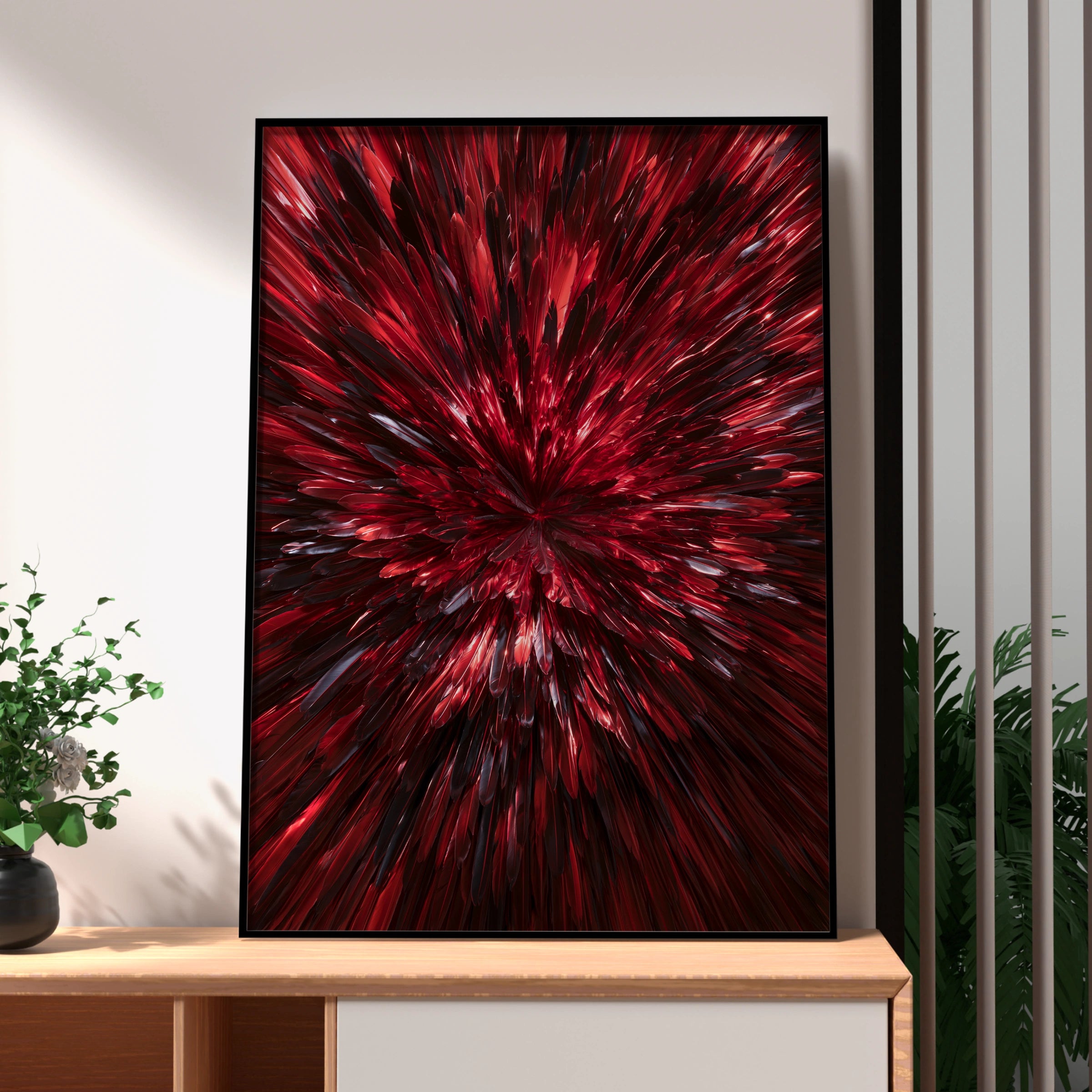 Red Feathers Burst Abstract Wall Art Poster, Mirror Symmetry Print