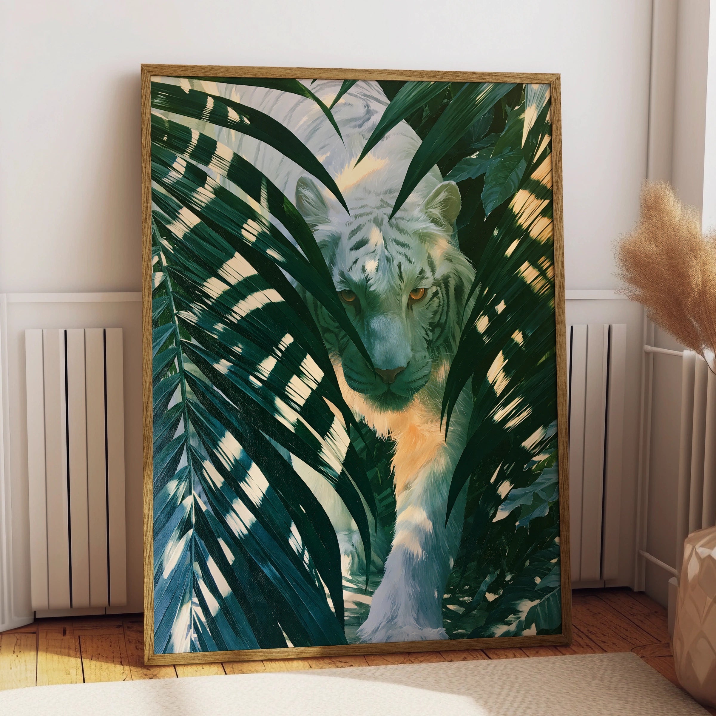 White Tiger Palm Leaves Poster, Tropical Jungle Wildlife Wall Art Print