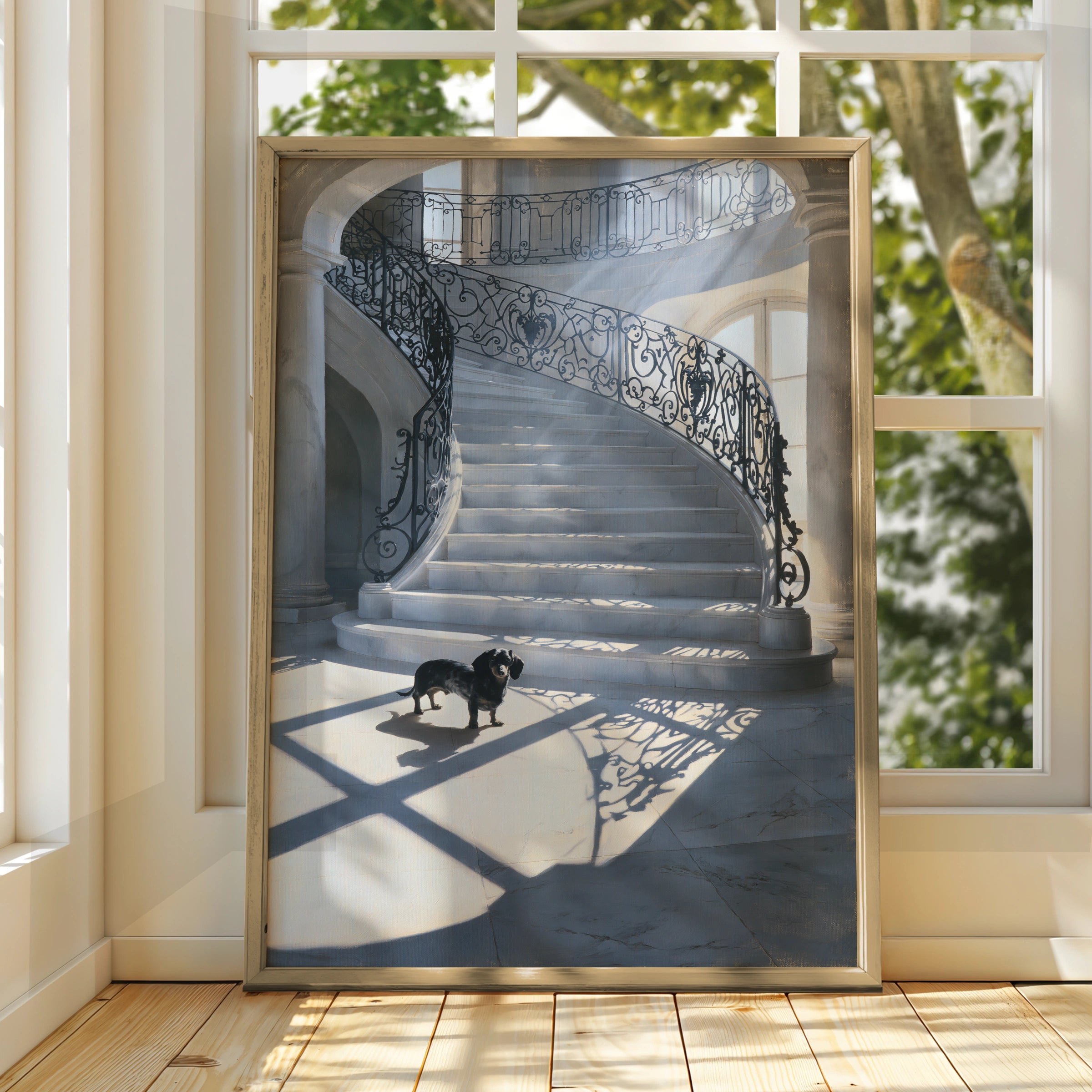 Dachshund Grand Staircase Poster, Black Dog Marble Hall Wall Art Print