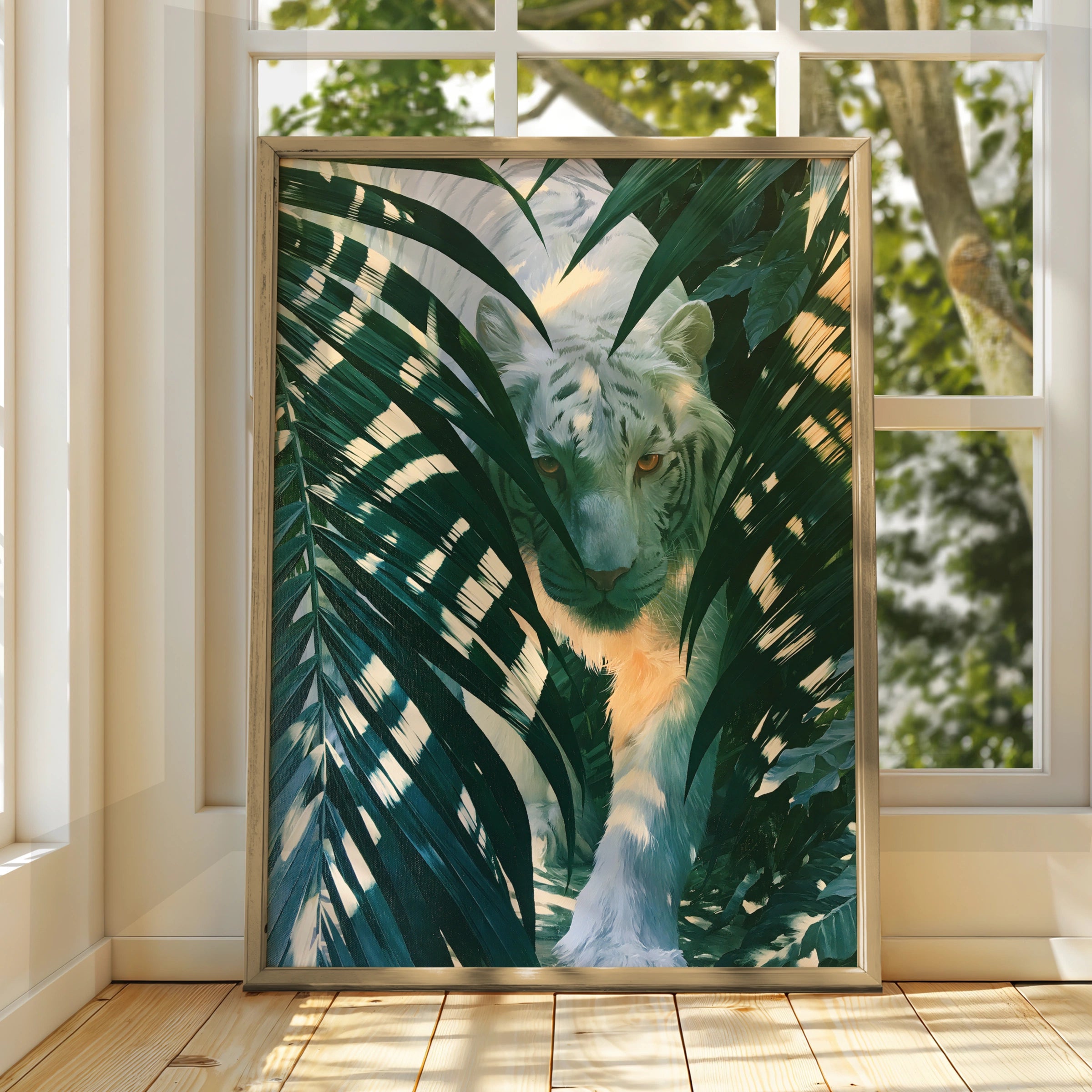 White Tiger Palm Leaves Poster, Tropical Jungle Wildlife Wall Art Print