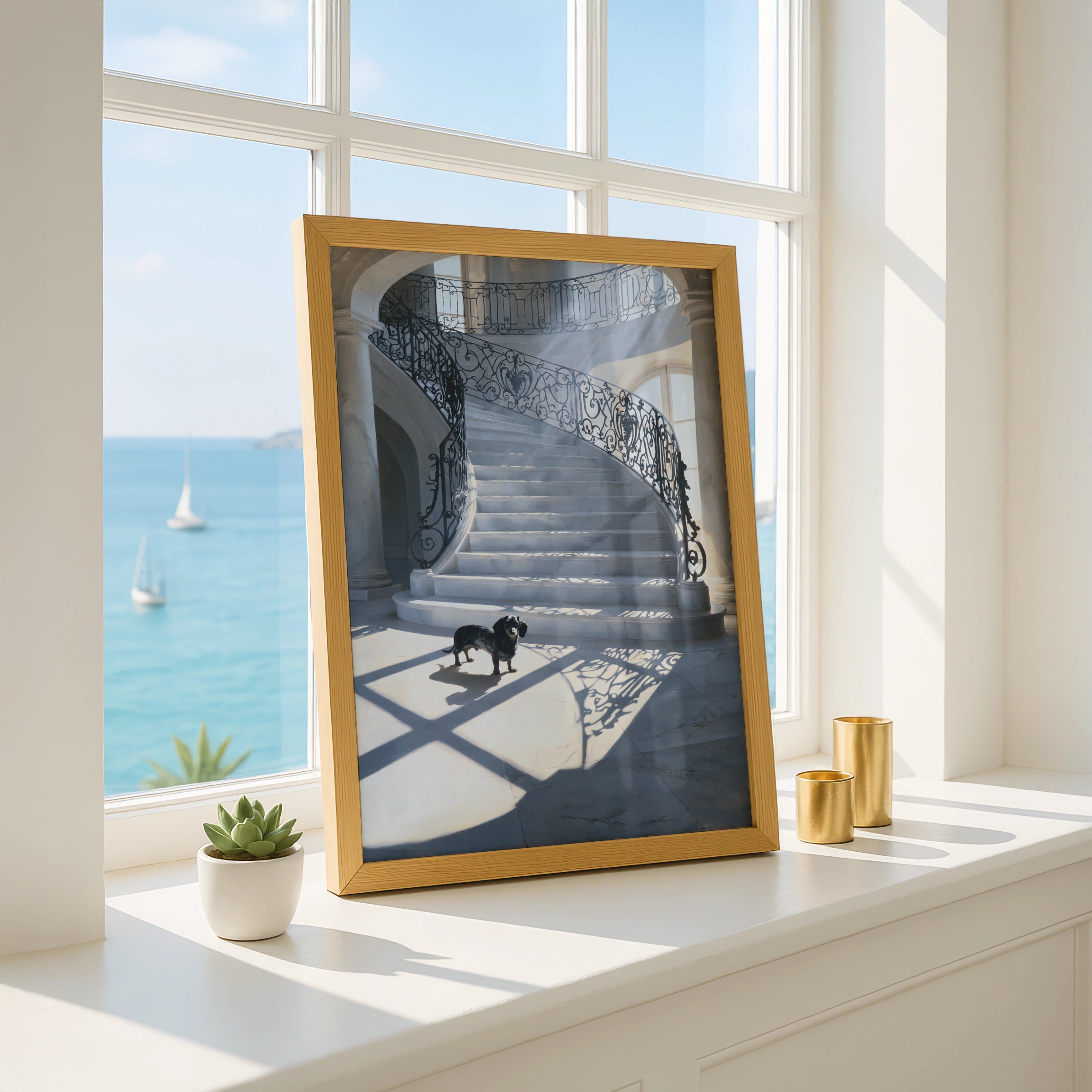 Dachshund Grand Staircase Poster, Black Dog Marble Hall Wall Art Print
