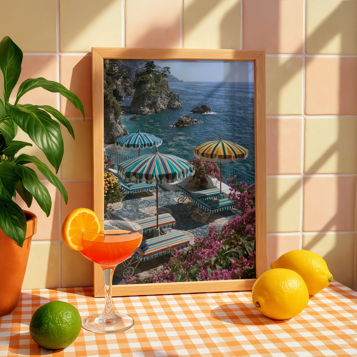 Amalfi Coast Italy Beach Umbrellas Poster, Colourful Striped Coastal Wall Art