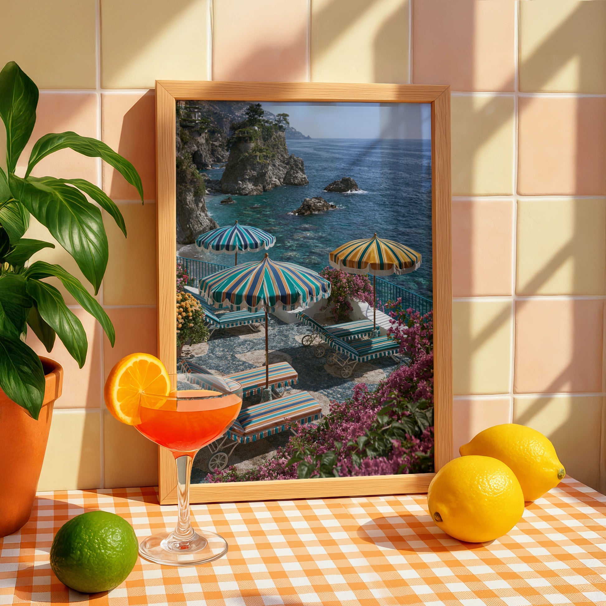 Amalfi Coast Italy Beach Umbrellas Poster, Colourful Striped Coastal Wall Art