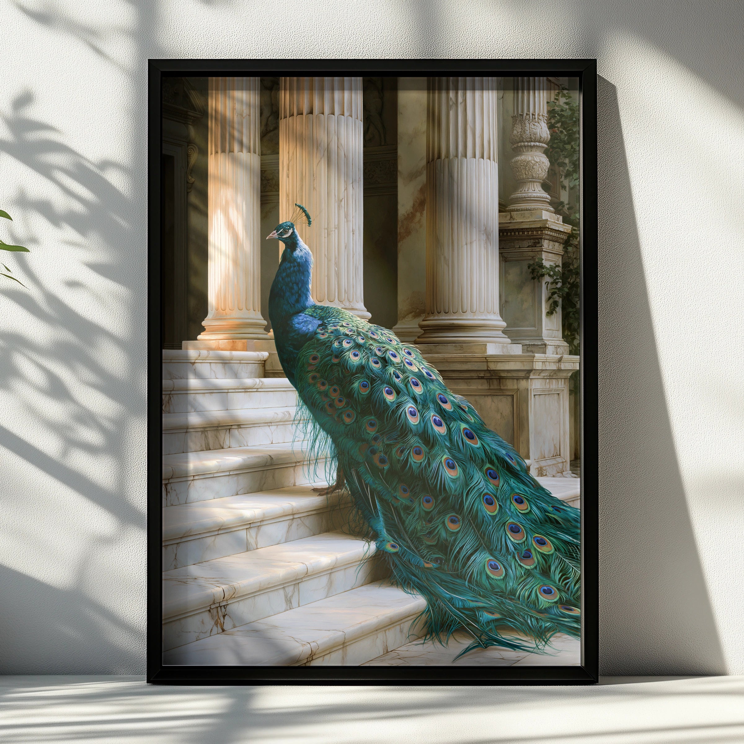 Peacock on Marble Stairs Poster, Classical Columns, Teal Feathers Art Print