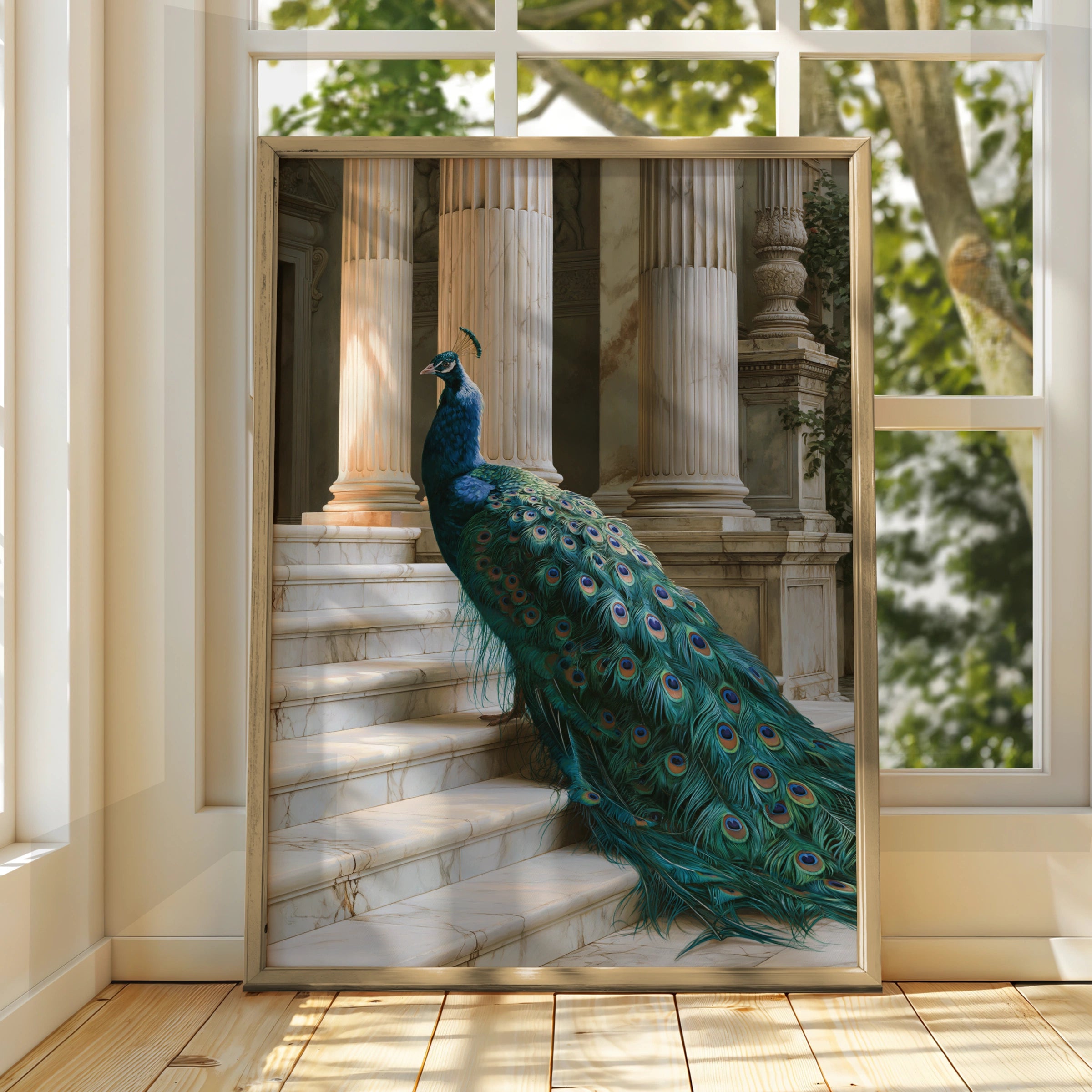 Peacock on Marble Stairs Poster, Classical Columns, Teal Feathers Art Print