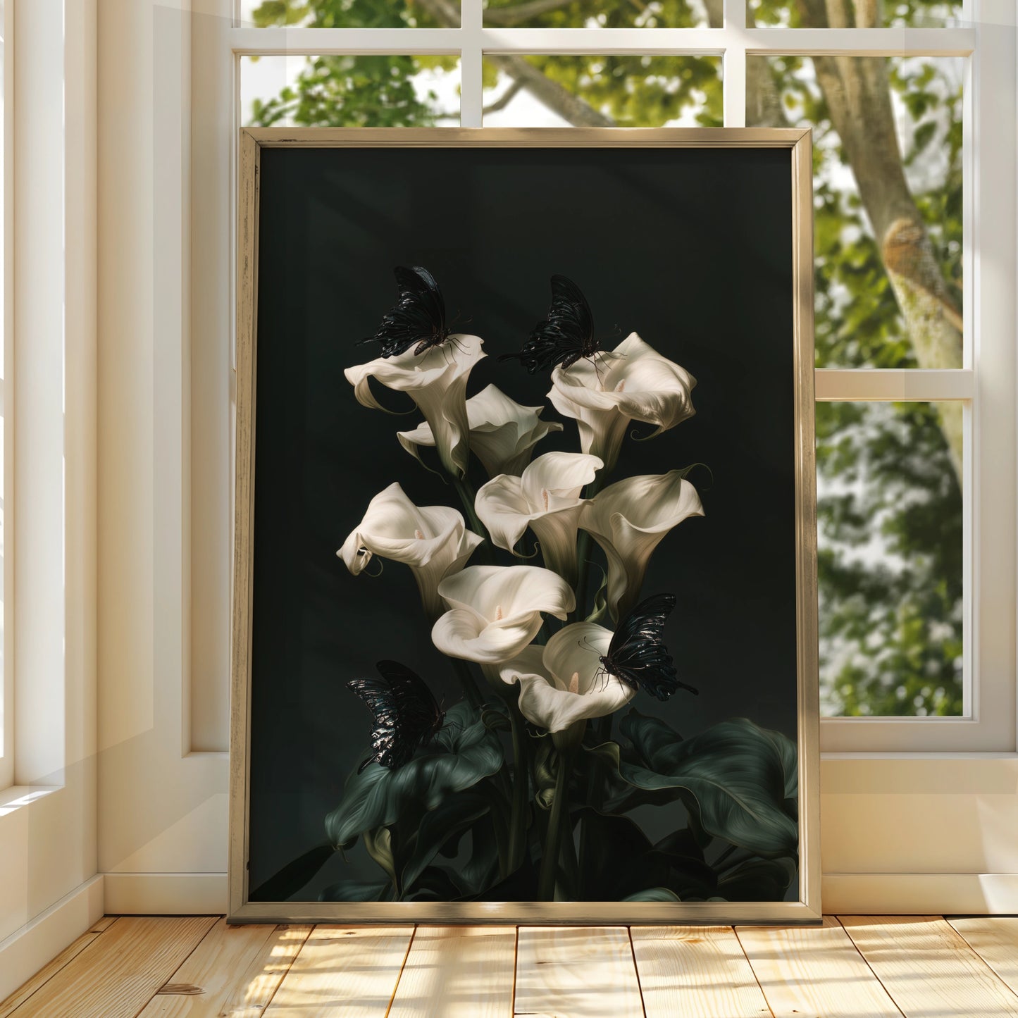 White Calla Lily Black Butterfly Poster, Dark Botanical Wall Art, Moody Floral Print