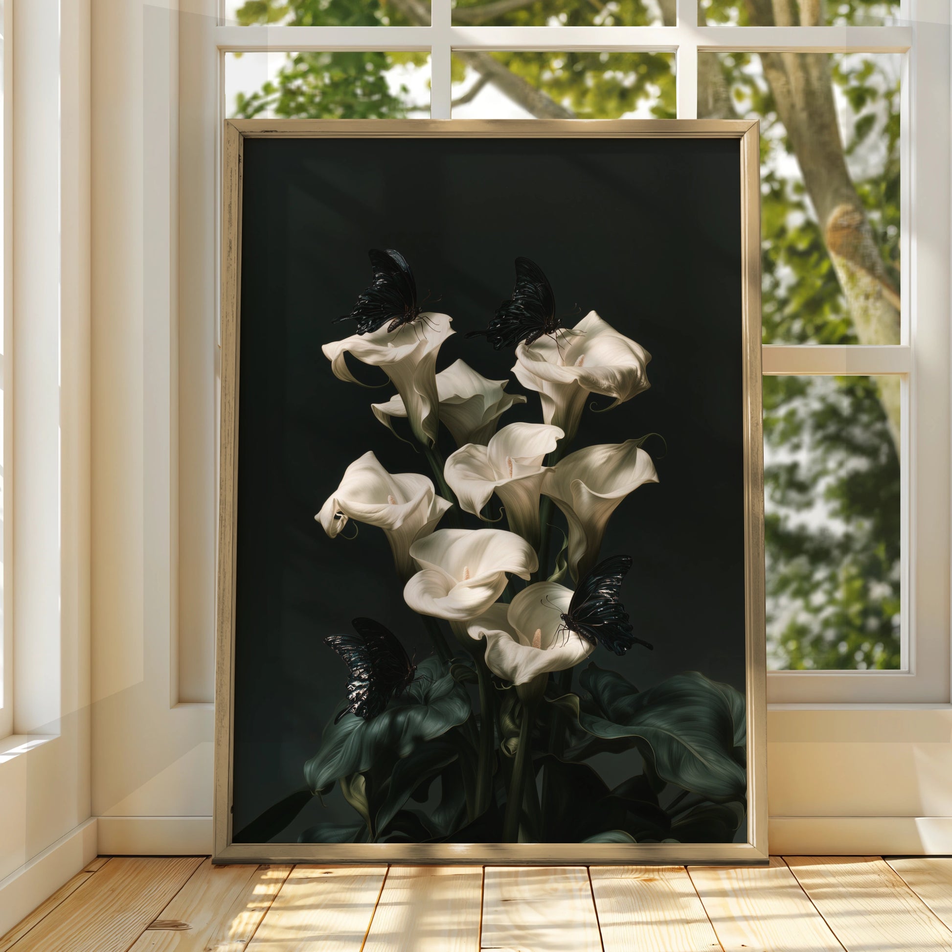 White Calla Lily Black Butterfly Poster, Dark Botanical Wall Art, Moody Floral Print
