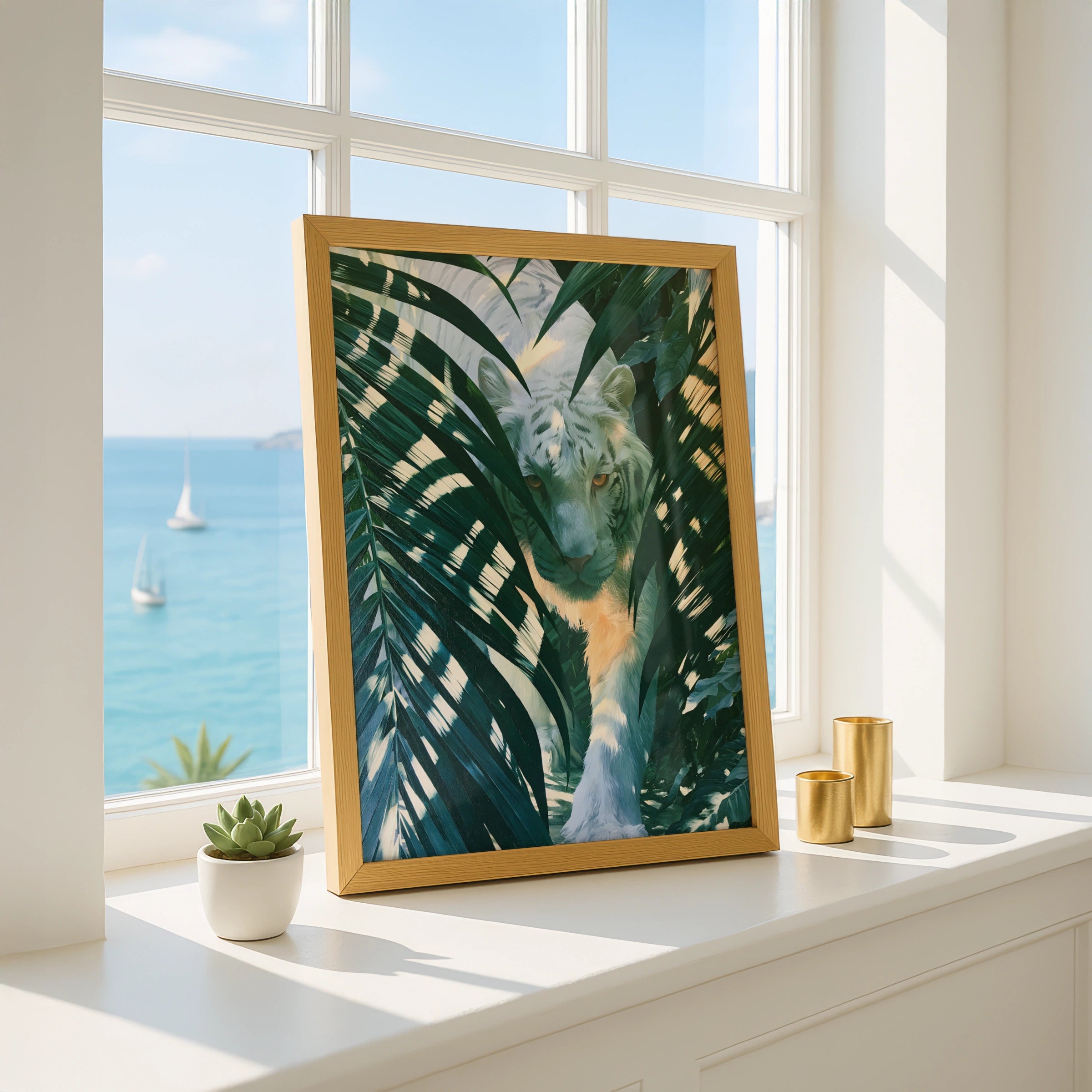 White Tiger Palm Leaves Poster, Tropical Jungle Wildlife Wall Art Print
