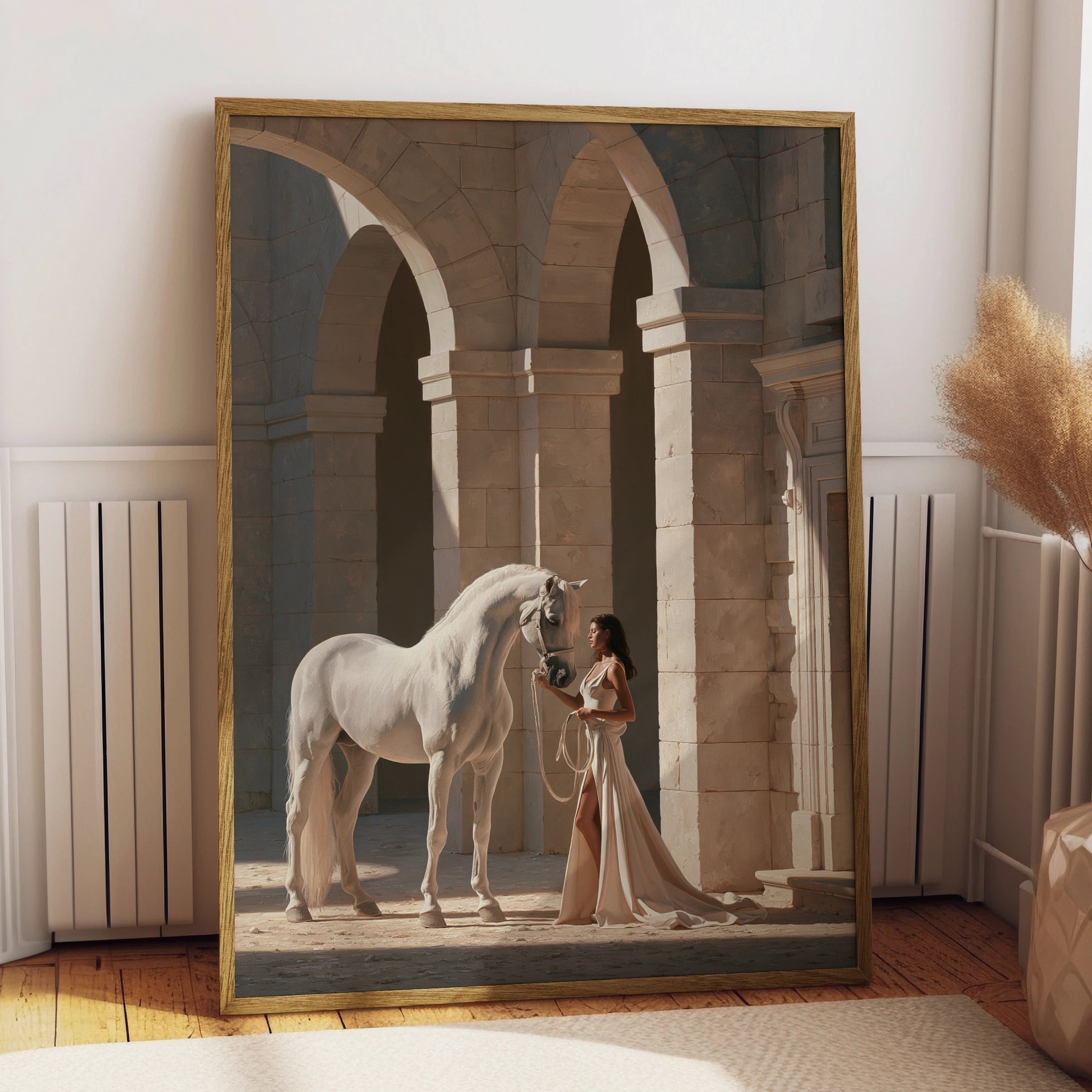 White Horse Woman Arches Poster, Elegant Stone Colonnade Wall Art Print