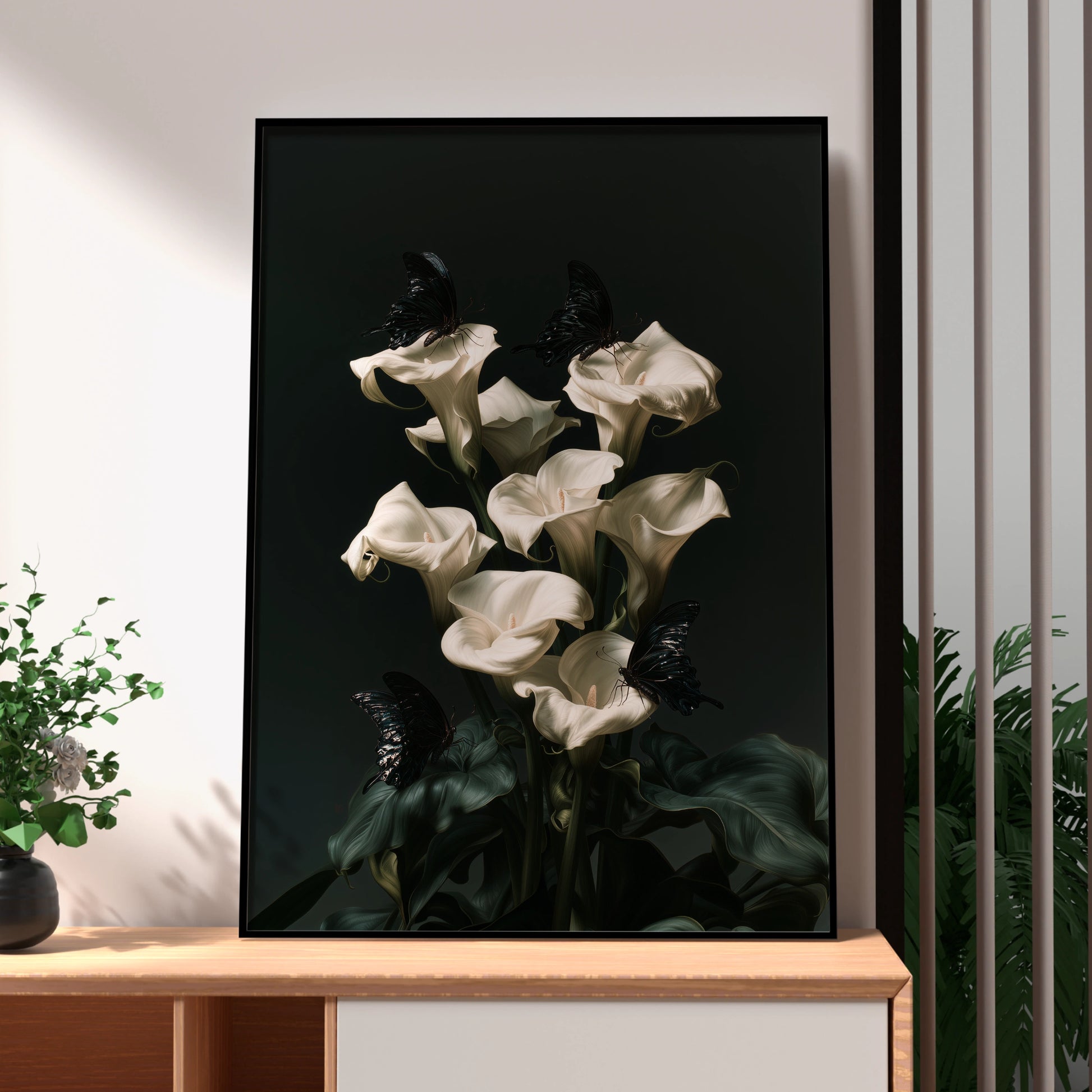 White Calla Lily Black Butterfly Poster, Dark Botanical Wall Art, Moody Floral Print