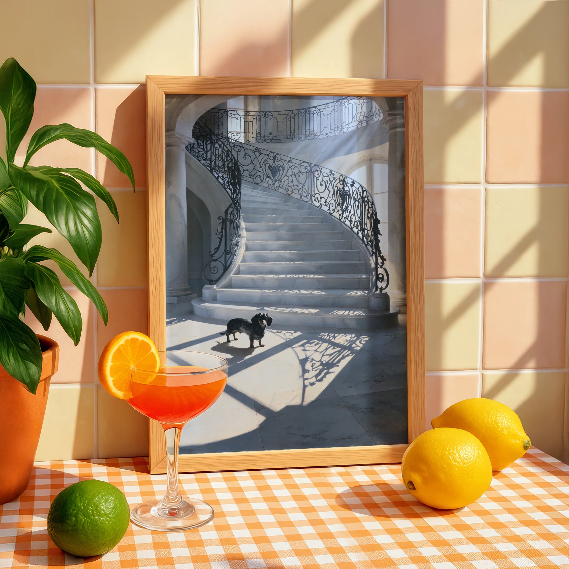 Dachshund Grand Staircase Poster, Black Dog Marble Hall Wall Art Print
