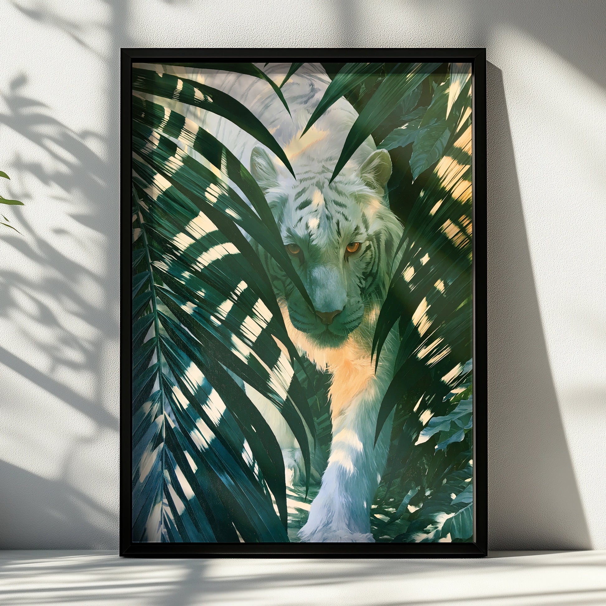White Tiger Palm Leaves Poster, Tropical Jungle Wildlife Wall Art Print