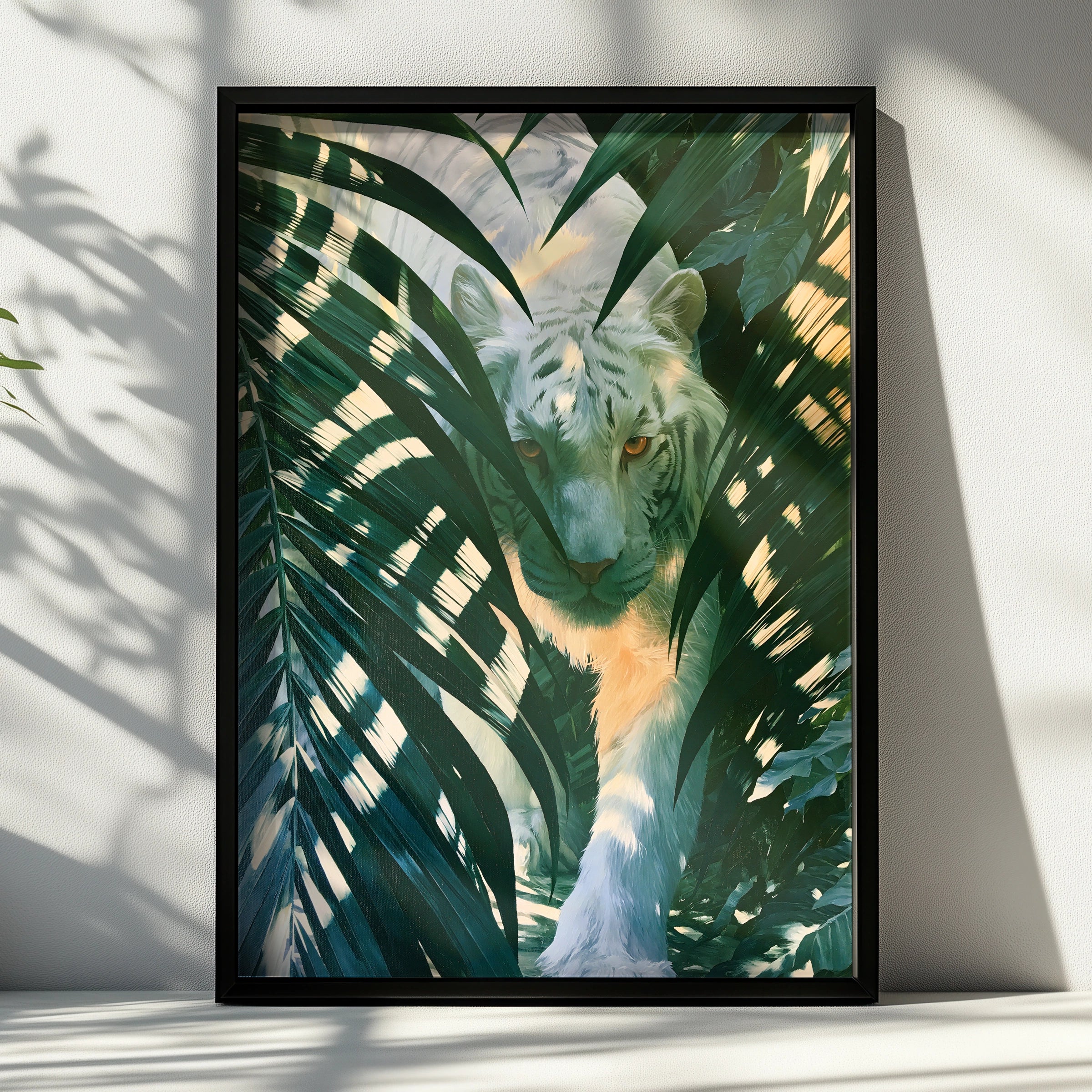 White Tiger Palm Leaves Poster, Tropical Jungle Wildlife Wall Art Print