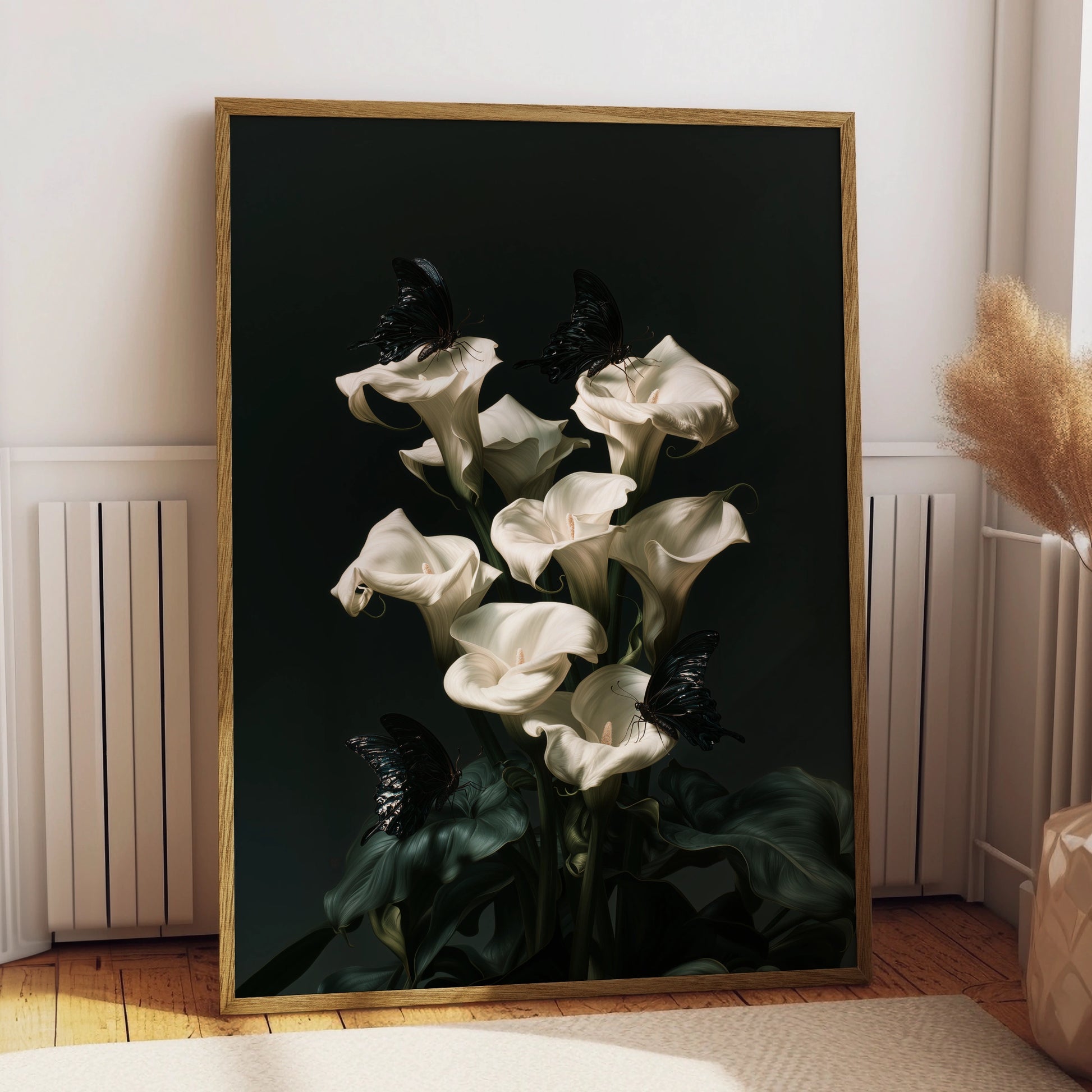 White Calla Lily Black Butterfly Poster, Dark Botanical Wall Art, Moody Floral Print
