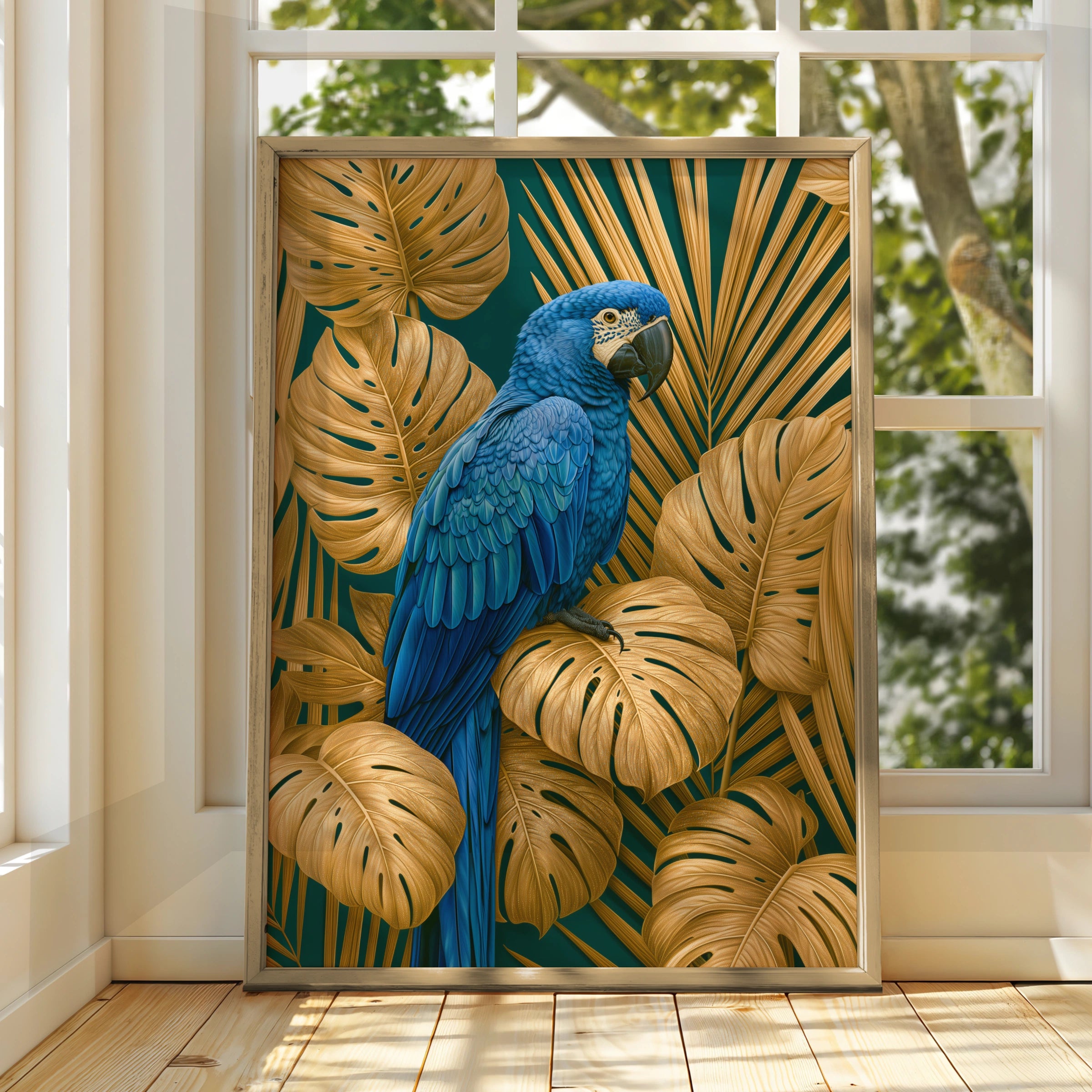 Blue Macaw Parrot Poster, Gold Tropical Leaves Wall Art, Teal Bird Print