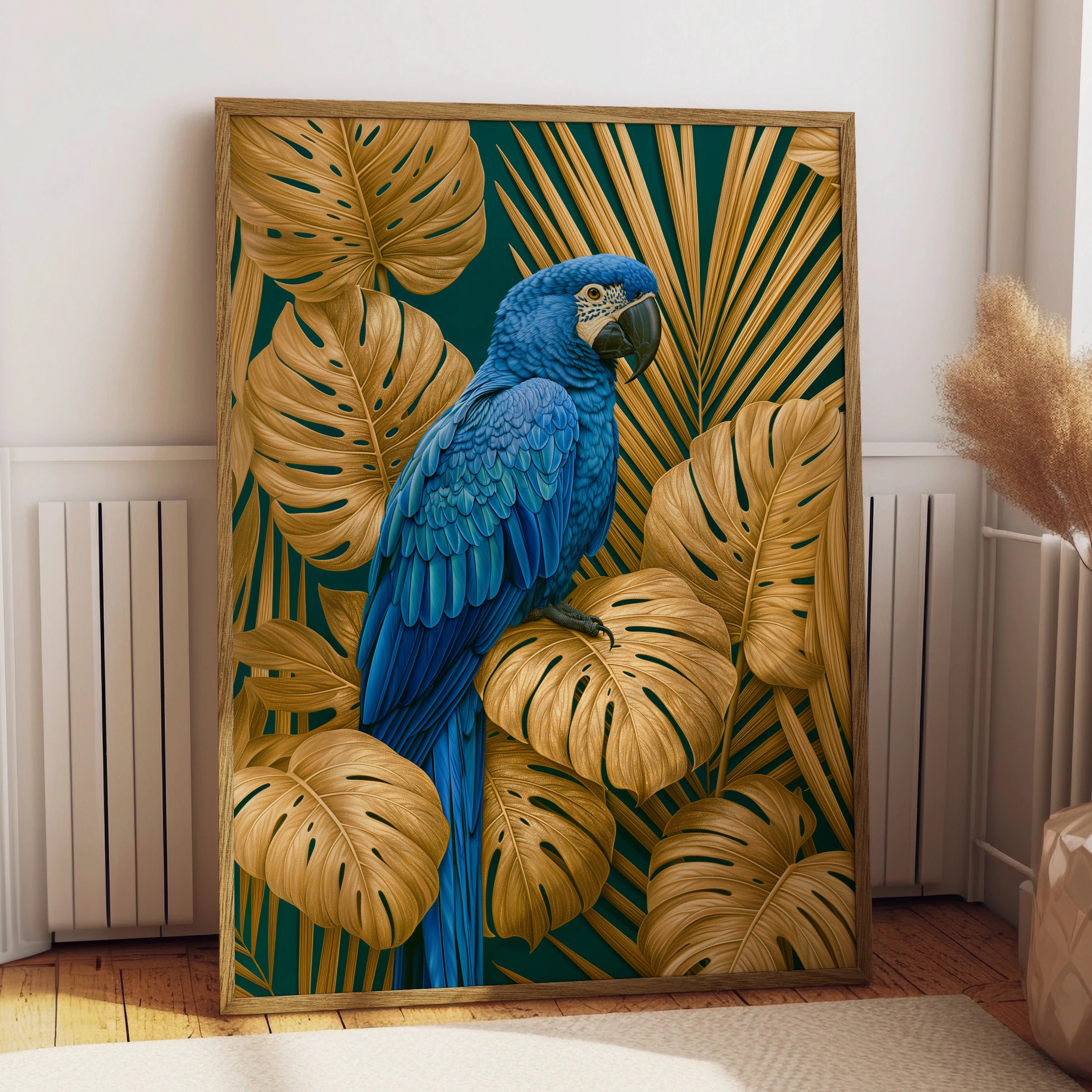 Blue Macaw Parrot Poster, Gold Tropical Leaves Wall Art, Teal Bird Print
