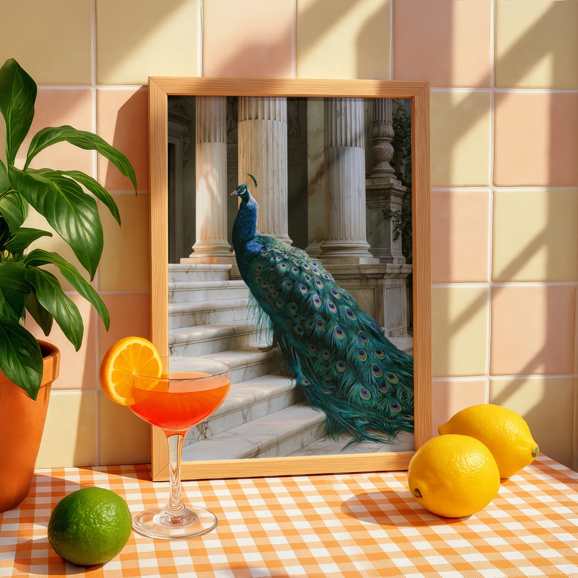 Peacock on Marble Stairs Poster, Classical Columns, Teal Feathers Art Print