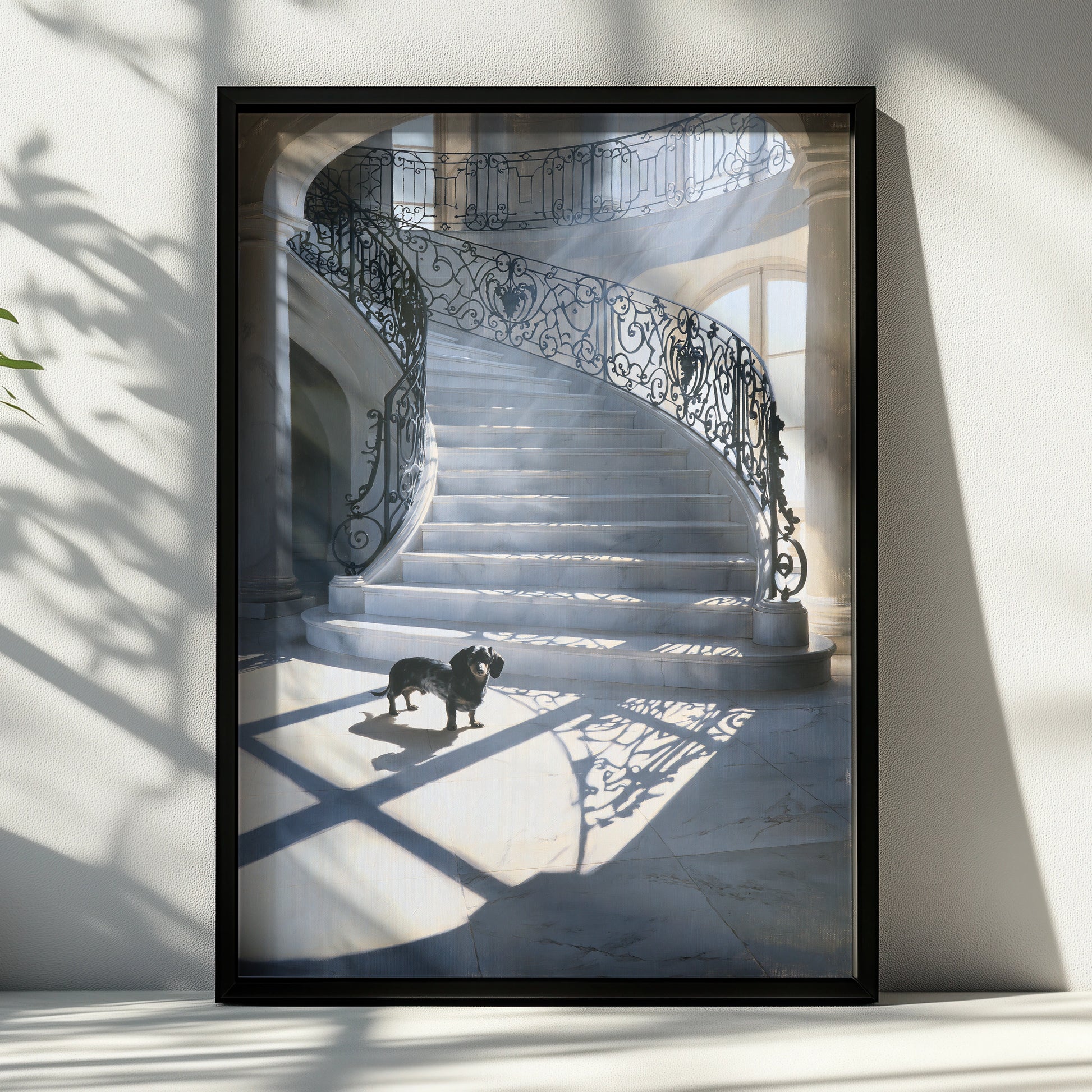 Dachshund Grand Staircase Poster, Black Dog Marble Hall Wall Art Print