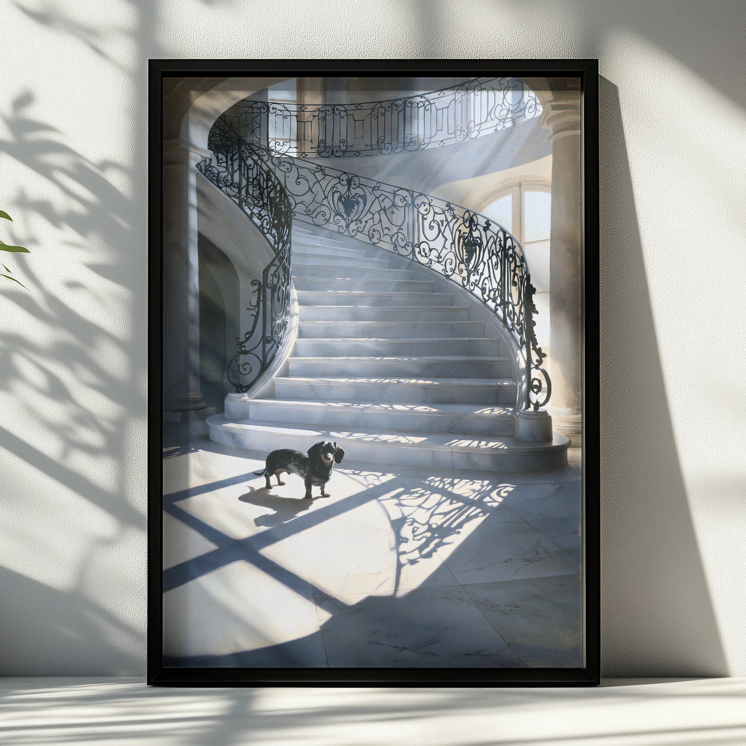 Dachshund Grand Staircase Poster, Black Dog Marble Hall Wall Art Print
