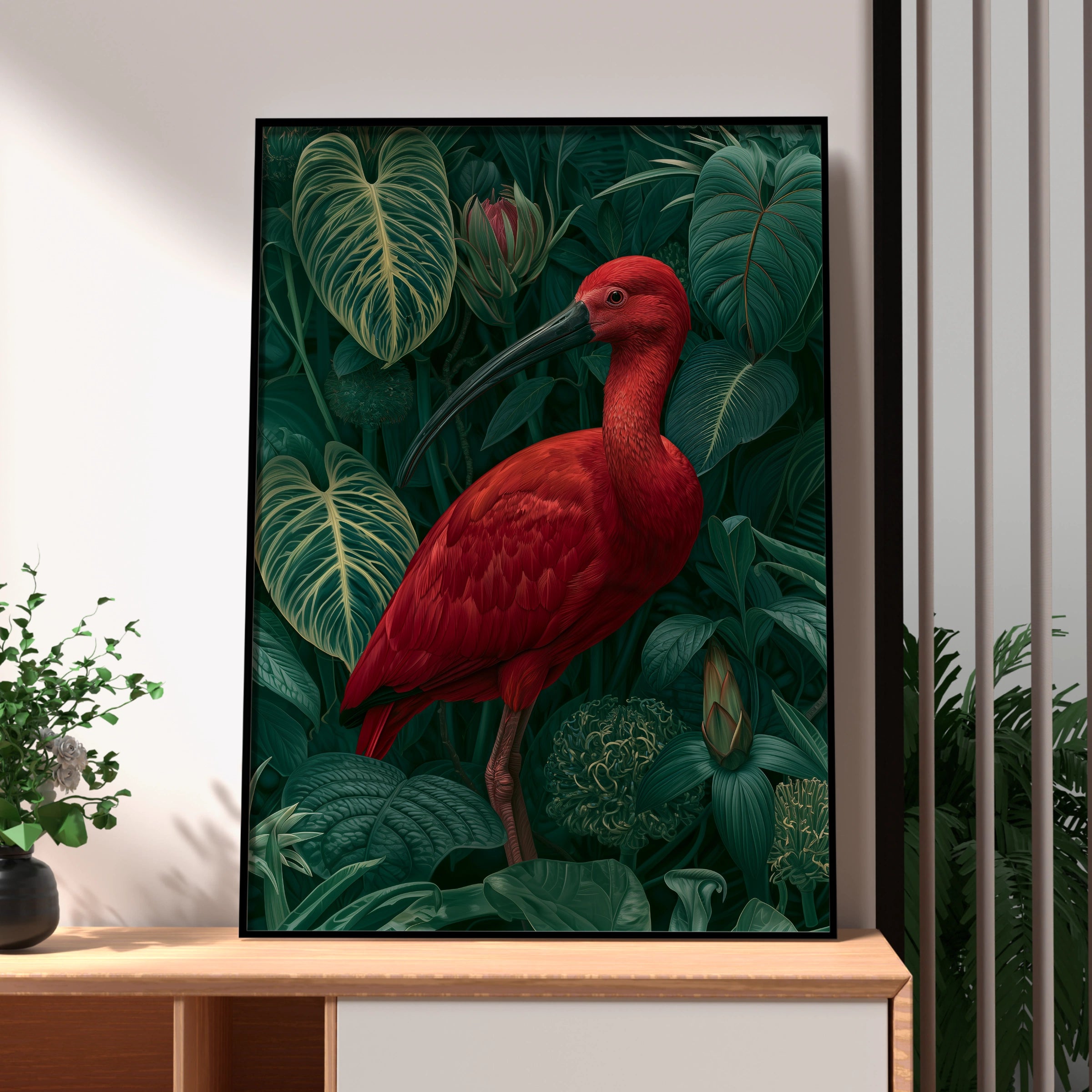 Red Ibis Jungle Poster, Tropical Bird Print, Botanical Wildlife Wall Art