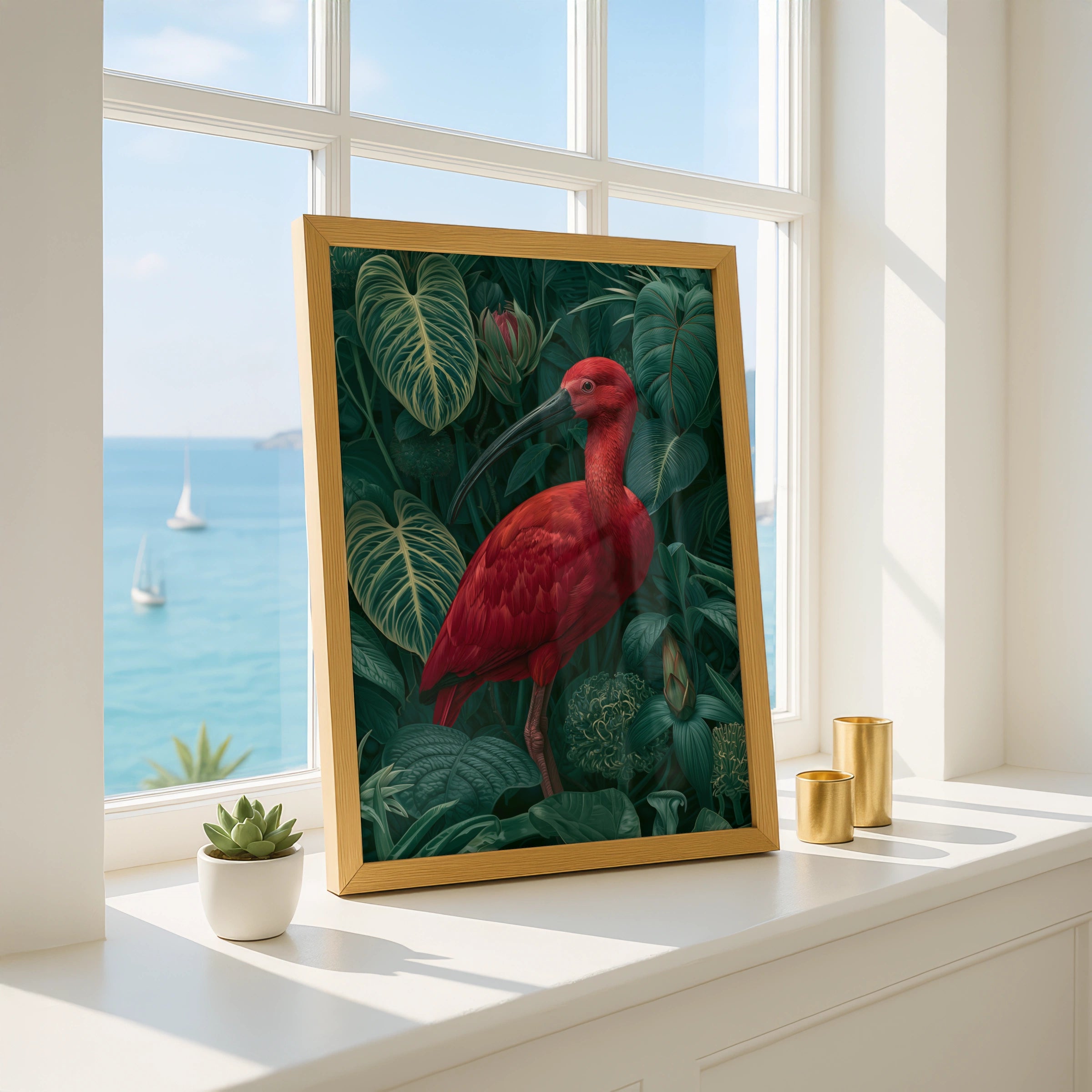 Red Ibis Jungle Poster, Tropical Bird Print, Botanical Wildlife Wall Art