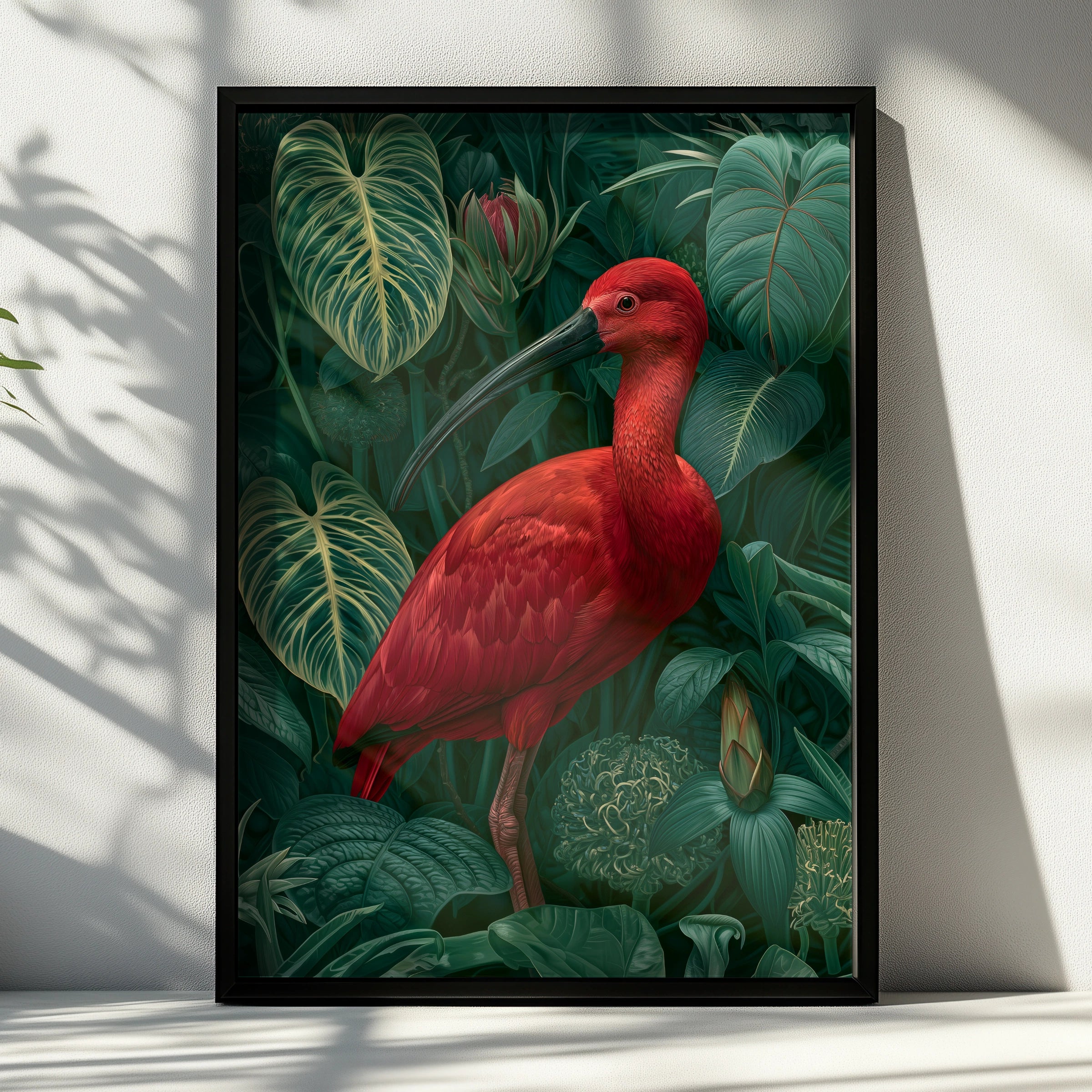 Red Ibis Jungle Poster, Tropical Bird Print, Botanical Wildlife Wall Art