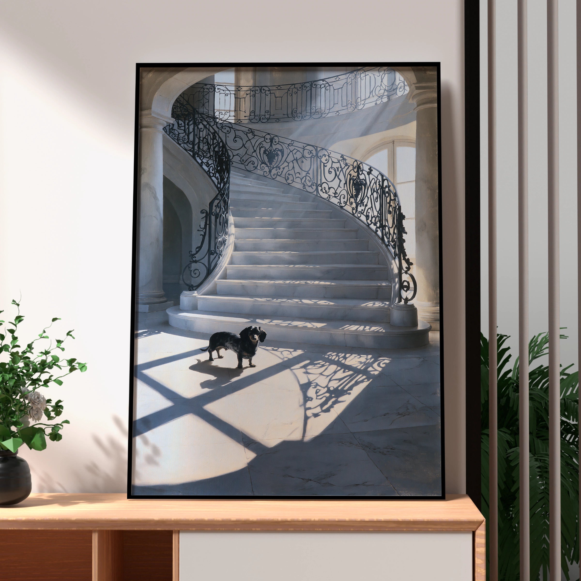 Dachshund Grand Staircase Poster, Black Dog Marble Hall Wall Art Print