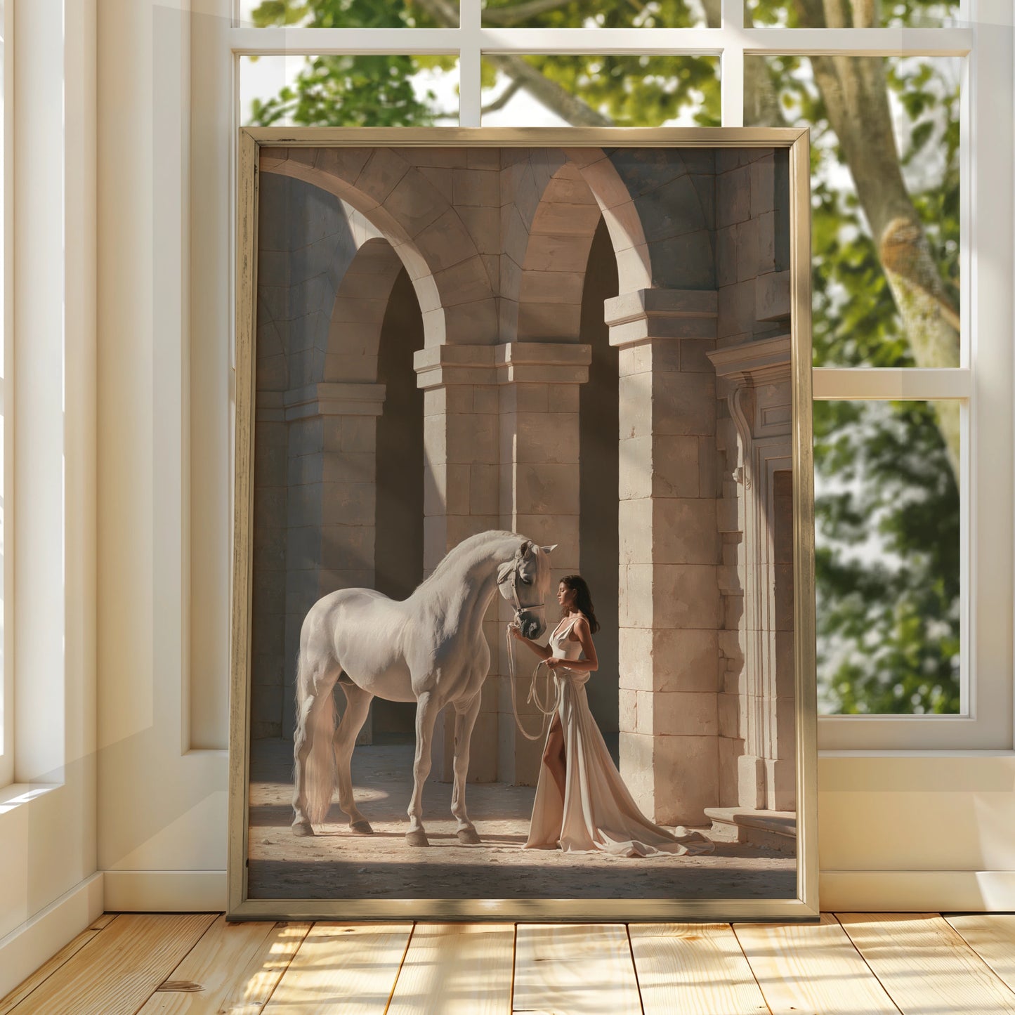 White Horse Woman Arches Poster, Elegant Stone Colonnade Wall Art Print