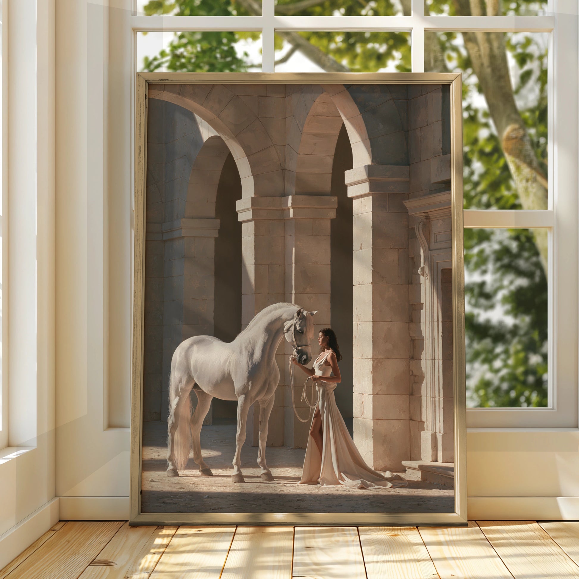 White Horse Woman Arches Poster, Elegant Stone Colonnade Wall Art Print