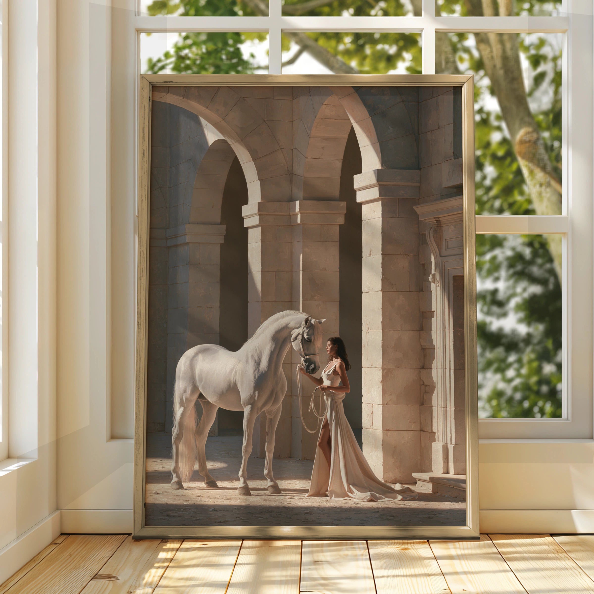 White Horse Woman Arches Poster, Elegant Stone Colonnade Wall Art Print