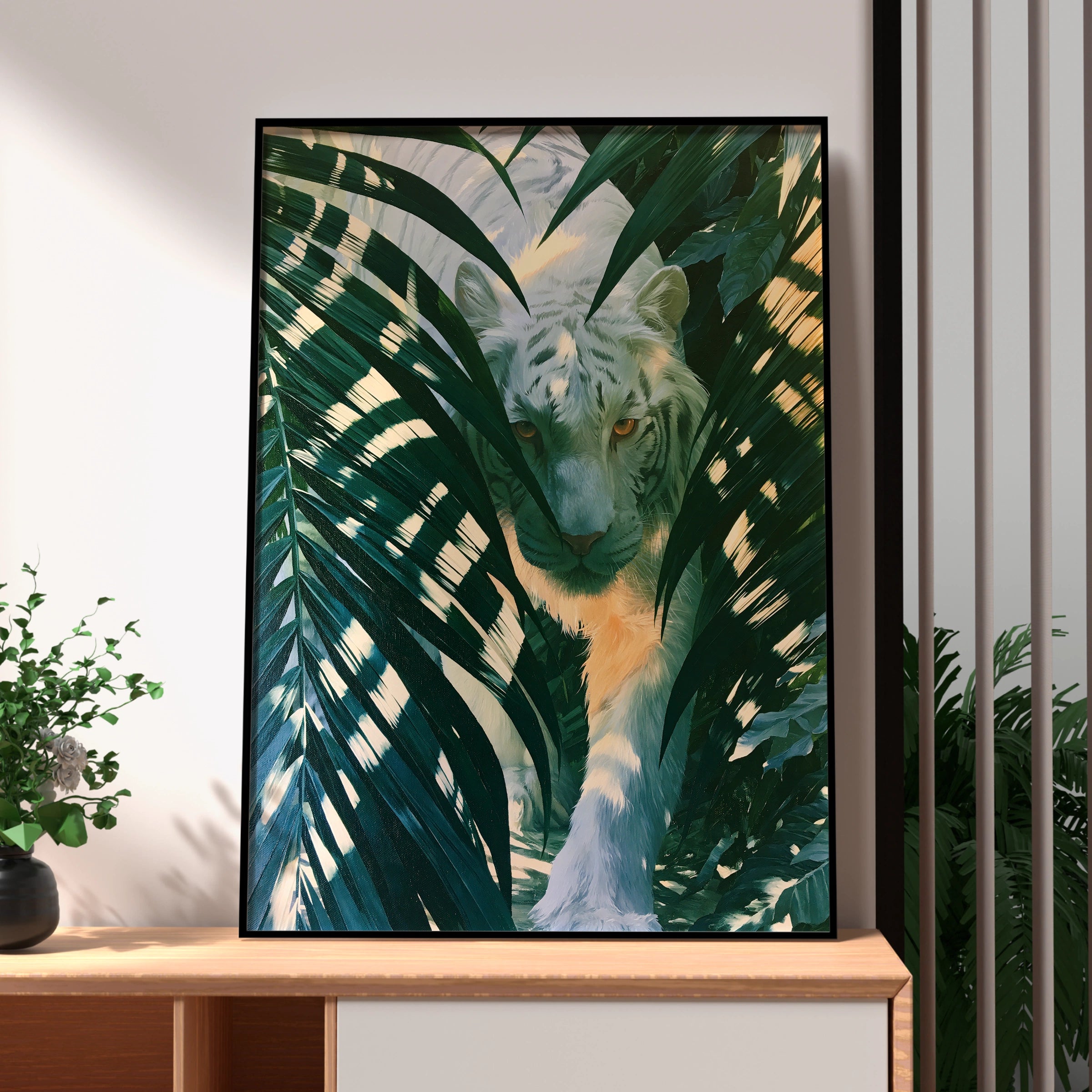 White Tiger Palm Leaves Poster, Tropical Jungle Wildlife Wall Art Print