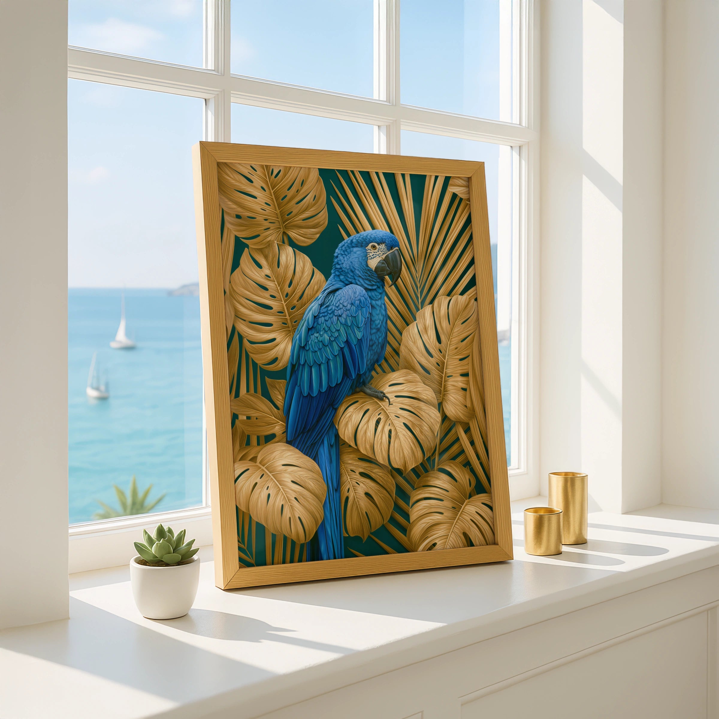 Blue Macaw Parrot Poster, Gold Tropical Leaves Wall Art, Teal Bird Print