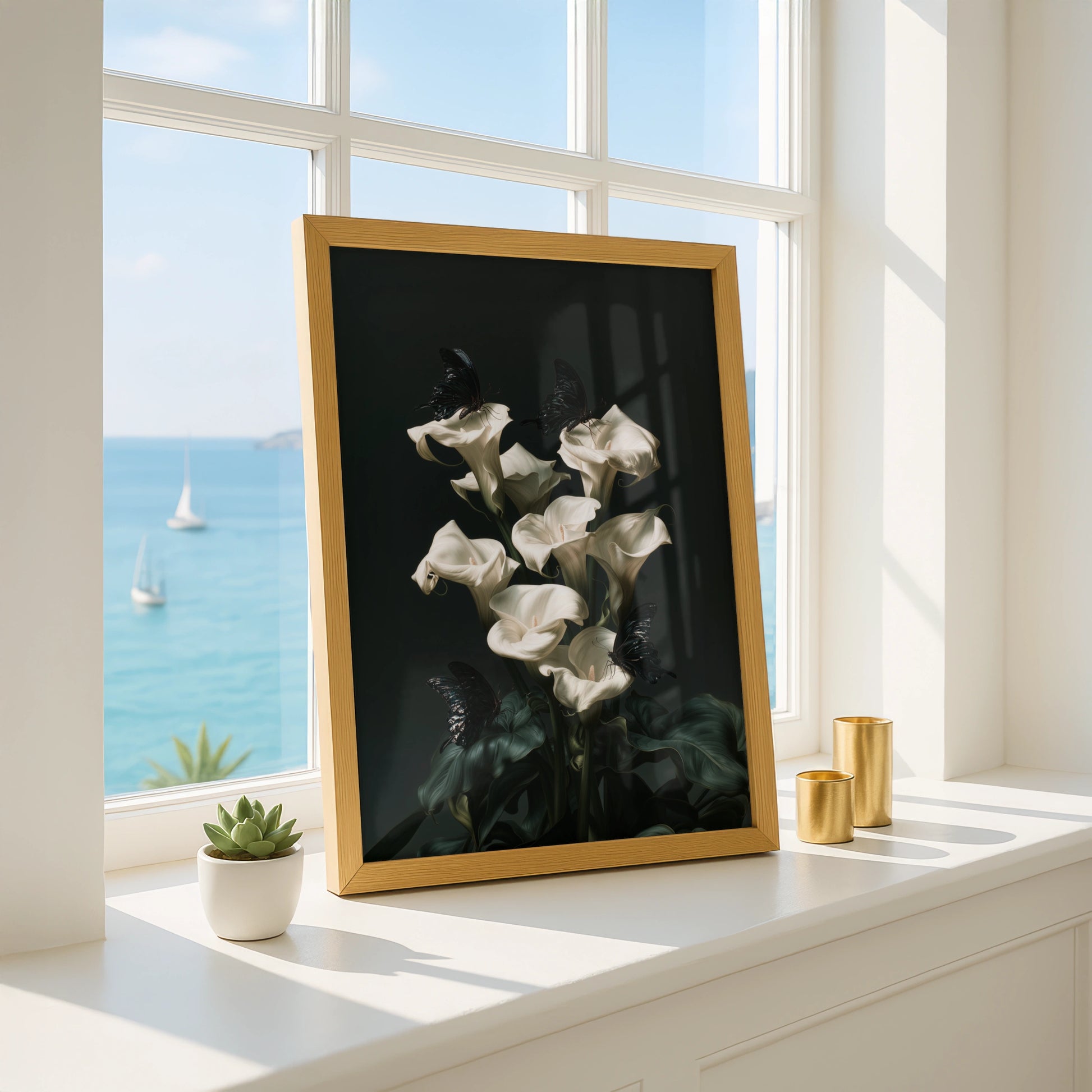 White Calla Lily Black Butterfly Poster, Dark Botanical Wall Art, Moody Floral Print