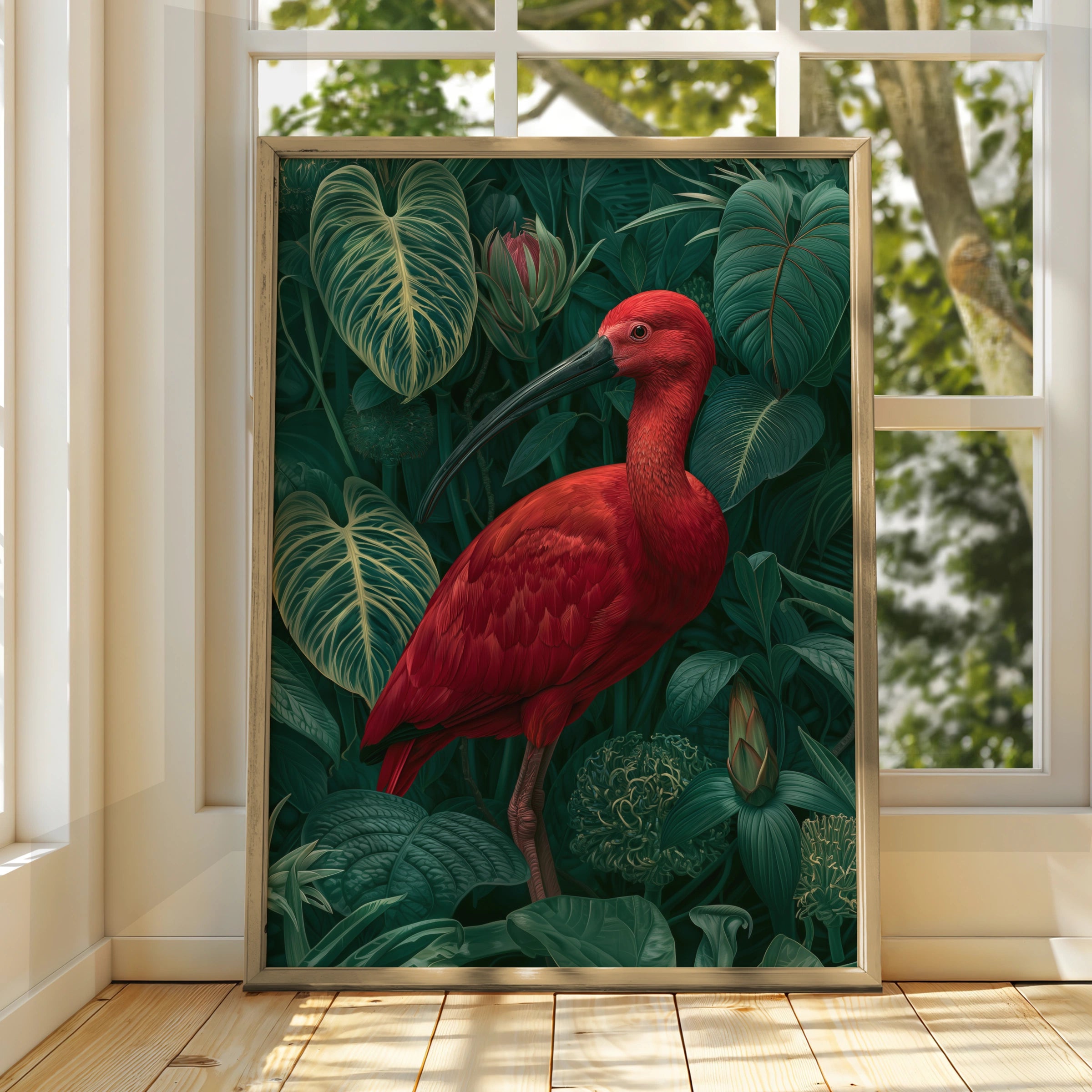Red Ibis Jungle Poster, Tropical Bird Print, Botanical Wildlife Wall Art