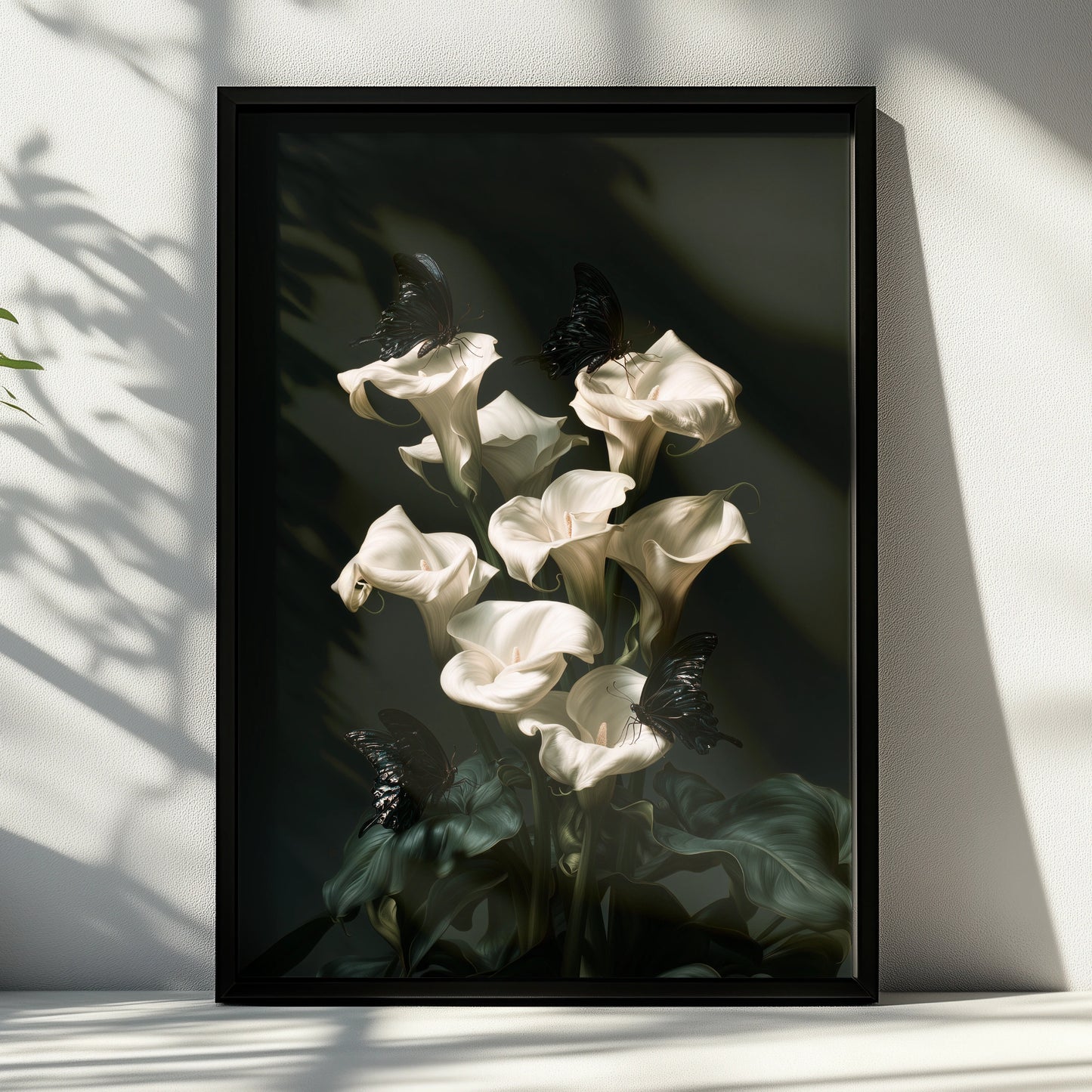 White Calla Lily Black Butterfly Poster, Dark Botanical Wall Art, Moody Floral Print