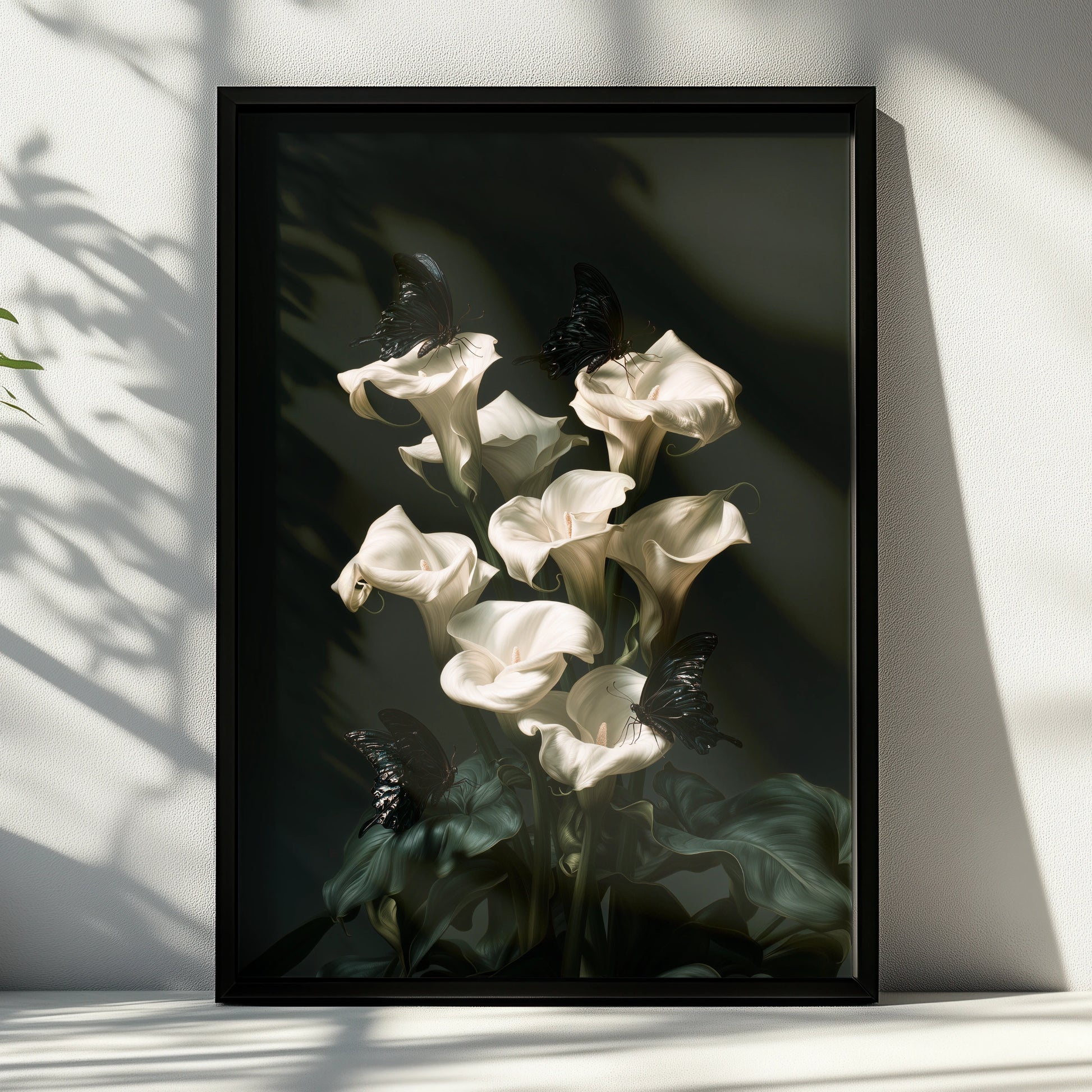White Calla Lily Black Butterfly Poster, Dark Botanical Wall Art, Moody Floral Print
