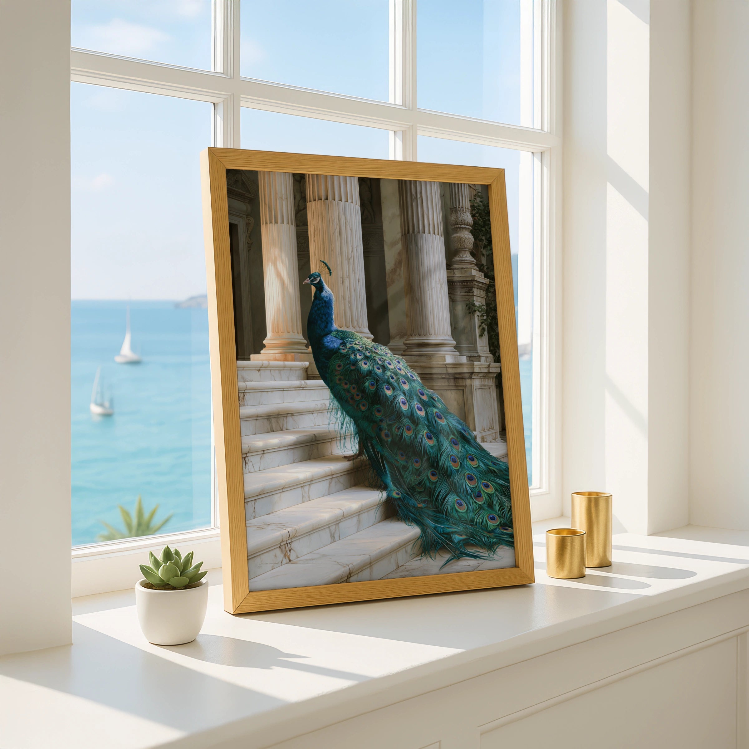 Peacock on Marble Stairs Poster, Classical Columns, Teal Feathers Art Print