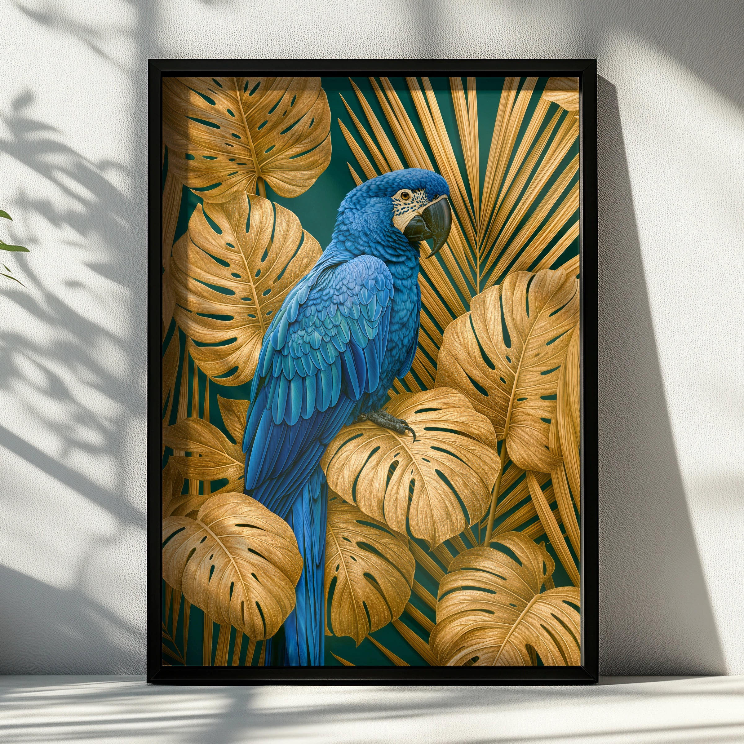 Blue Macaw Parrot Poster, Gold Tropical Leaves Wall Art, Teal Bird Print