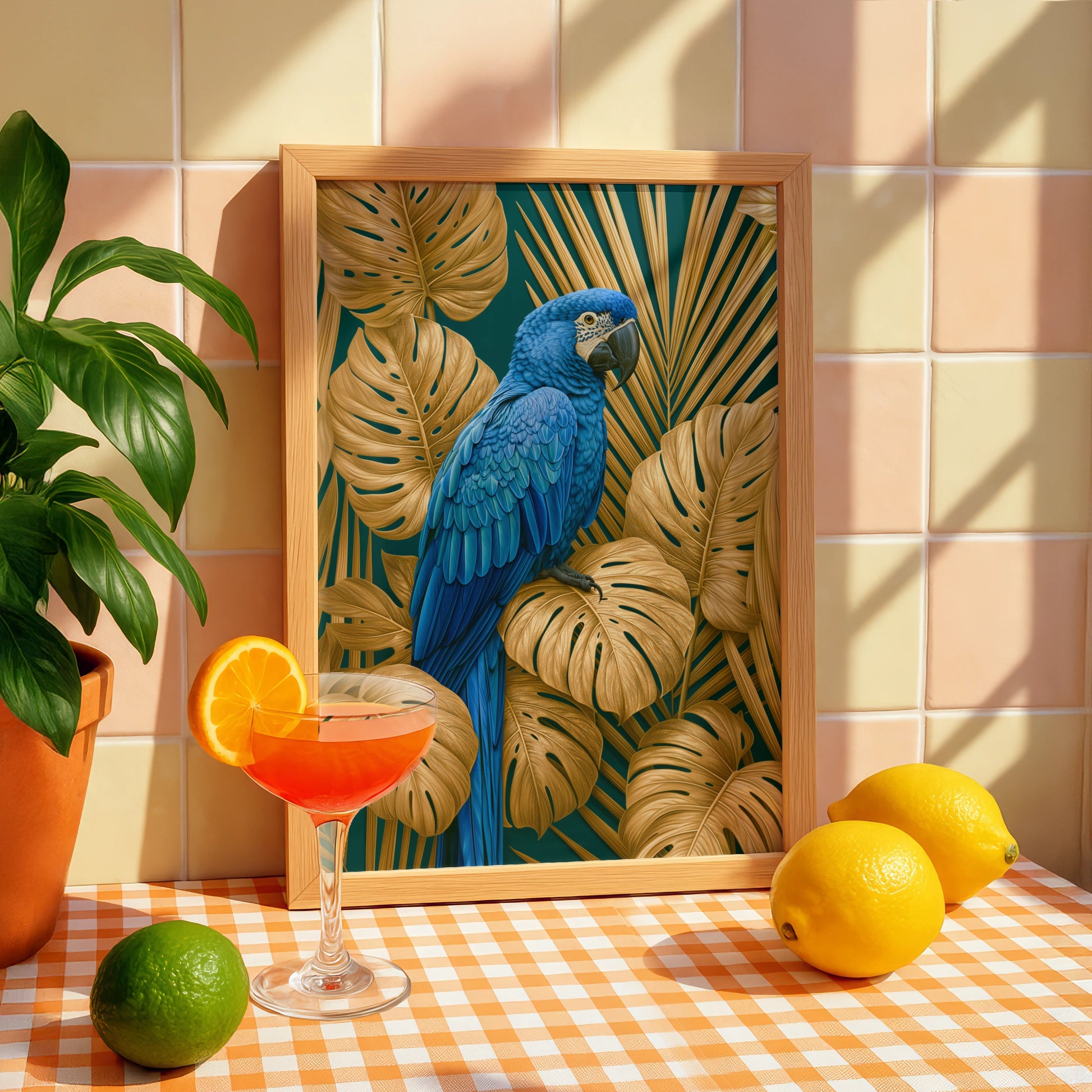 Blue Macaw Parrot Poster, Gold Tropical Leaves Wall Art, Teal Bird Print