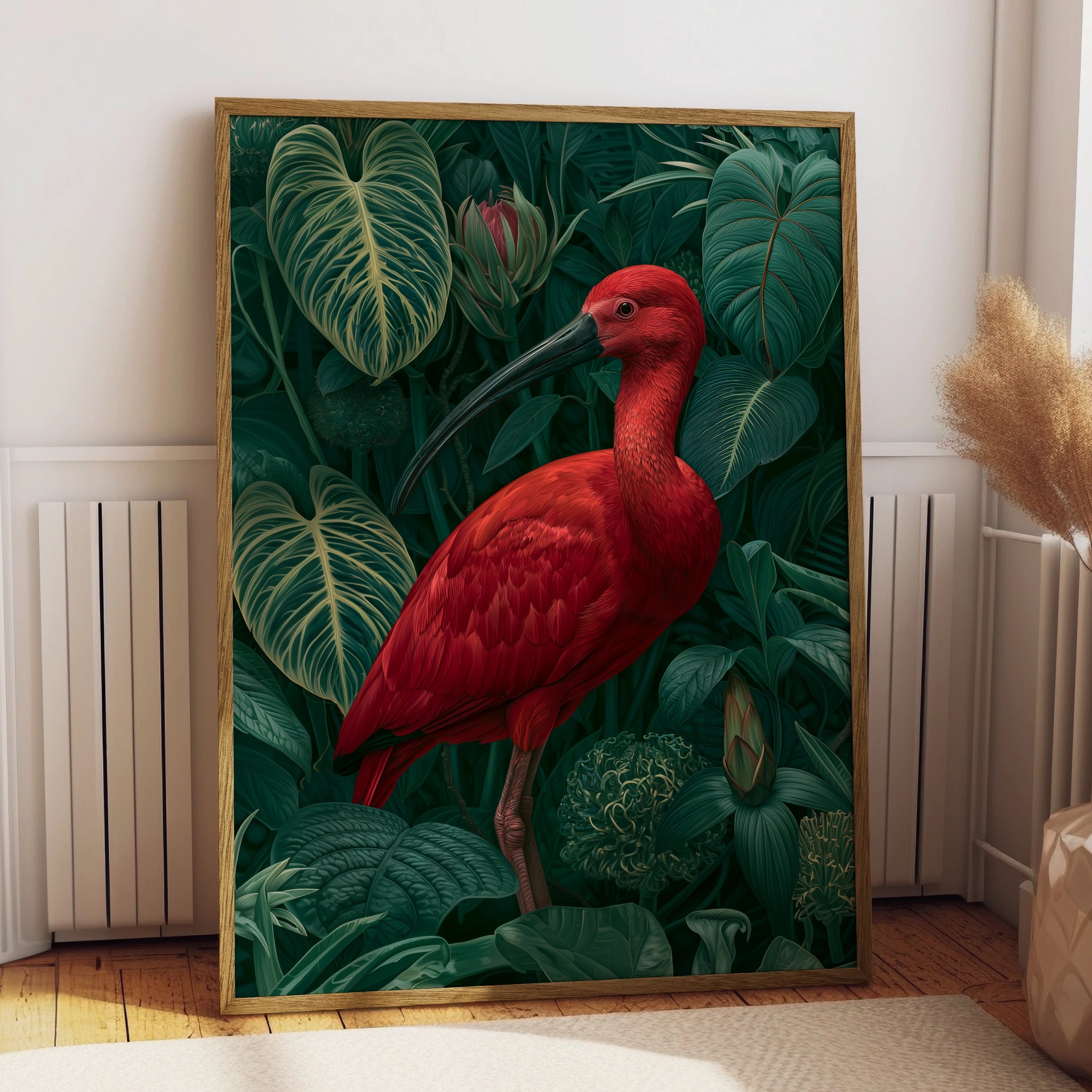 Red Ibis Jungle Poster, Tropical Bird Print, Botanical Wildlife Wall Art